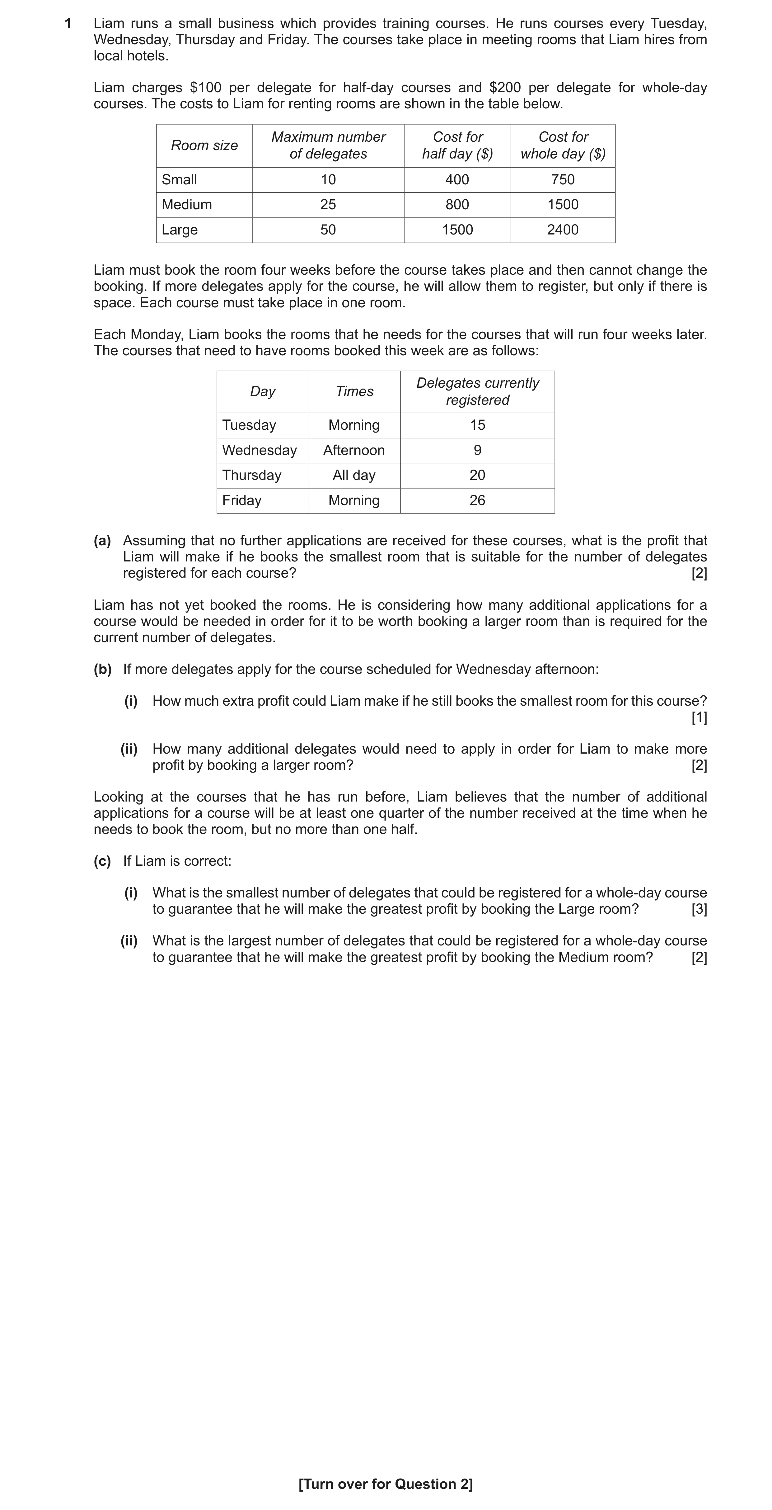 Question 106: Liam runs a small business which provides training courses. He runs courses every Tuesday, Wednesday, Thursday and Friday. The courses take…