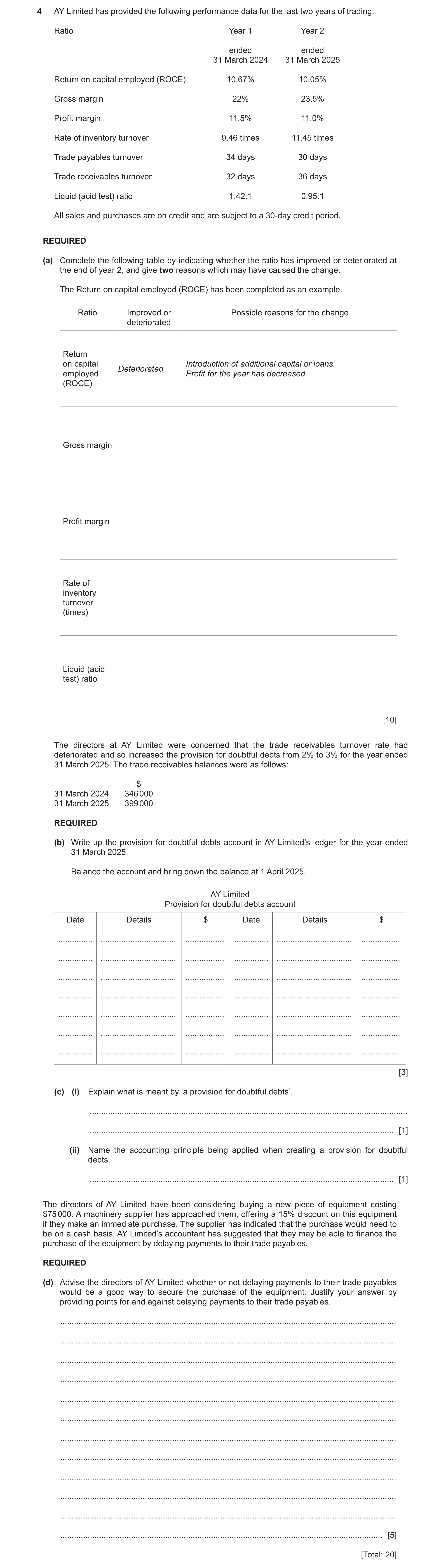 Question 10: AY Limited has provided the following performance data for the last two years of trading. Ratio Year 1 Year 2 ended ended 31 March 2024 31 …