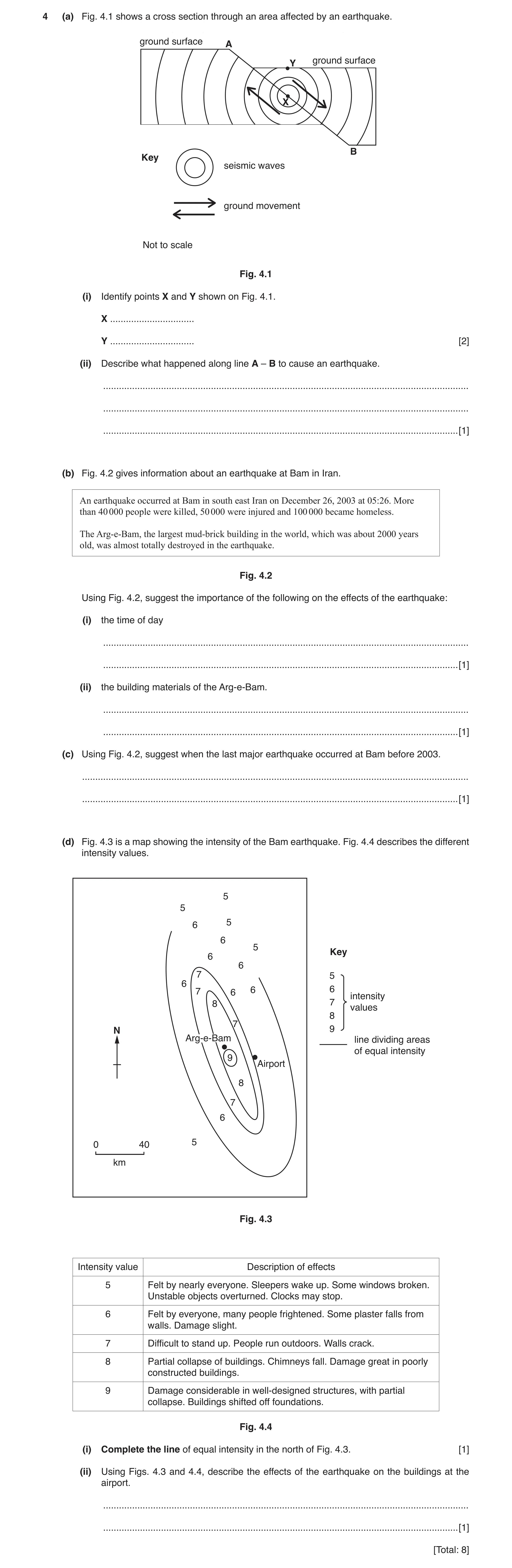 Question 4: (a) Fig. 4.1 shows a cross section through an area affected by an earthquake. ground surface A Y ground surface X B Key seismic waves groun…