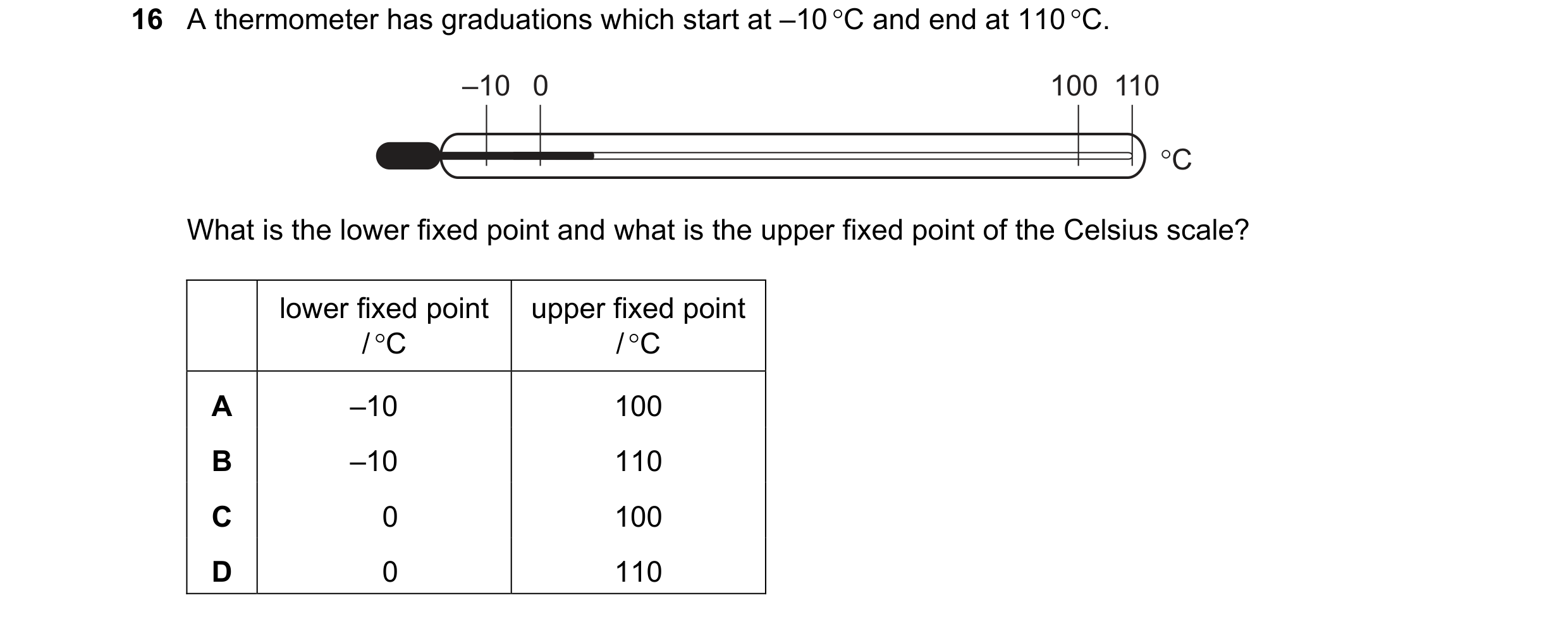 Question 166: A thermometer has graduations which start at –10 °C and end at 110 °C. –10 0 100 110 °C What is the lower fixed point and what is the upper…