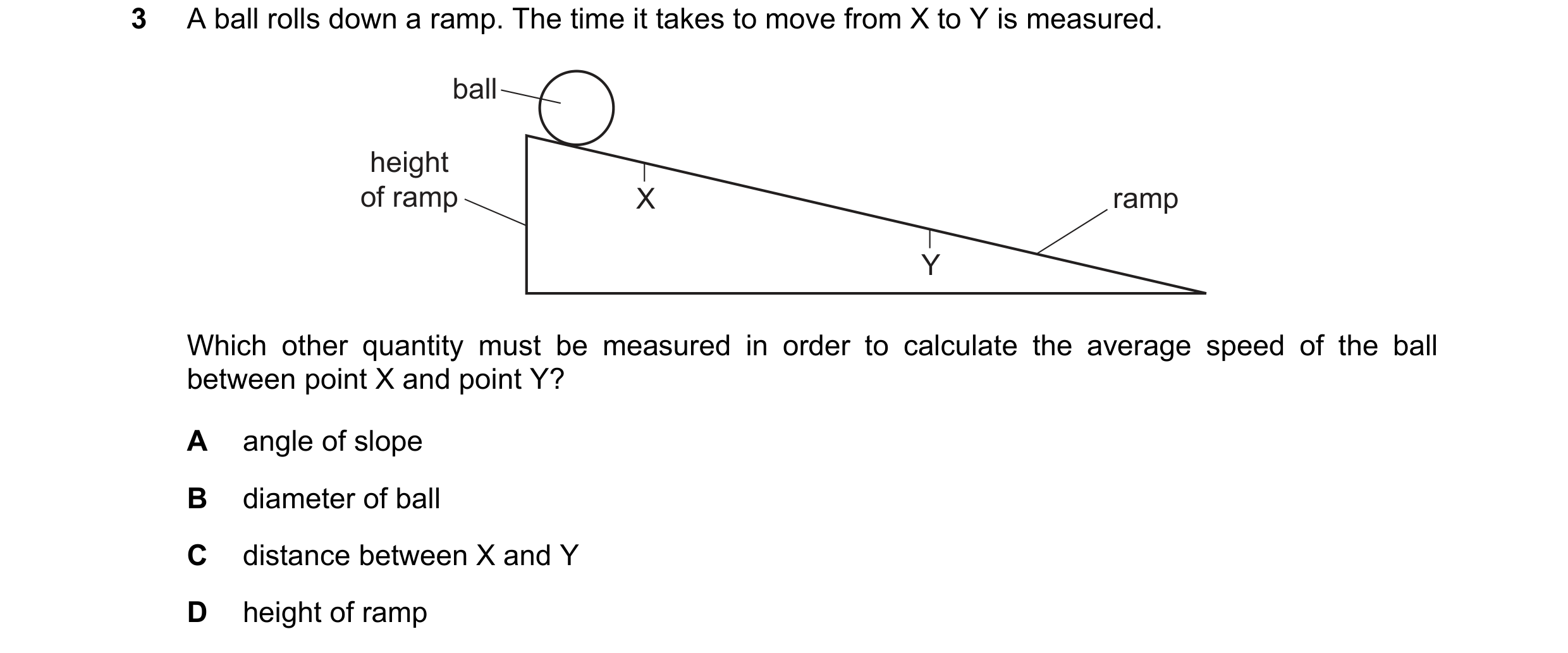 Question 159: A ball rolls down a ramp. The time it takes to move from X to Y is measured. ball height of ramp X ramp Y Which other quantity must be meas…