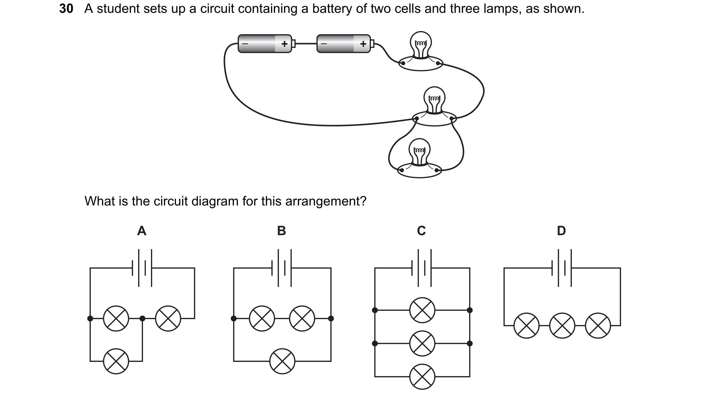 Question 282: A student sets up a circuit containing a battery of two cells and three lamps, as shown. – + – + What is the circuit diagram for this arran…