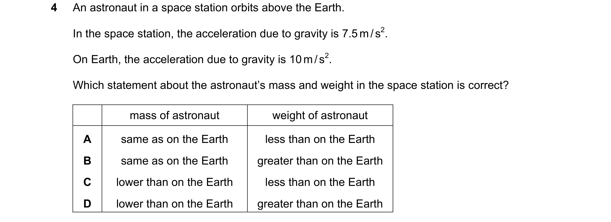 Question 109: An astronaut in a space station orbits above the Earth. In the space station, the acceleration due to gravity is 7.5 m / s2. On Earth, the …