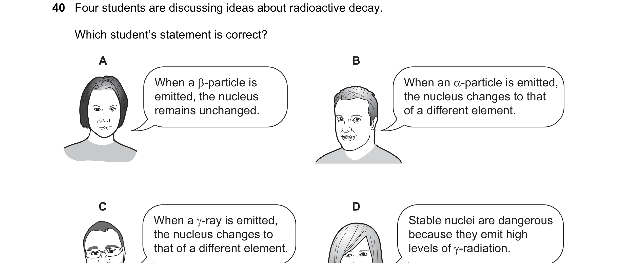 Question 133: Four students are discussing ideas about radioactive decay. Which student’s statement is correct? A B When a β-particle is When an α-partic…