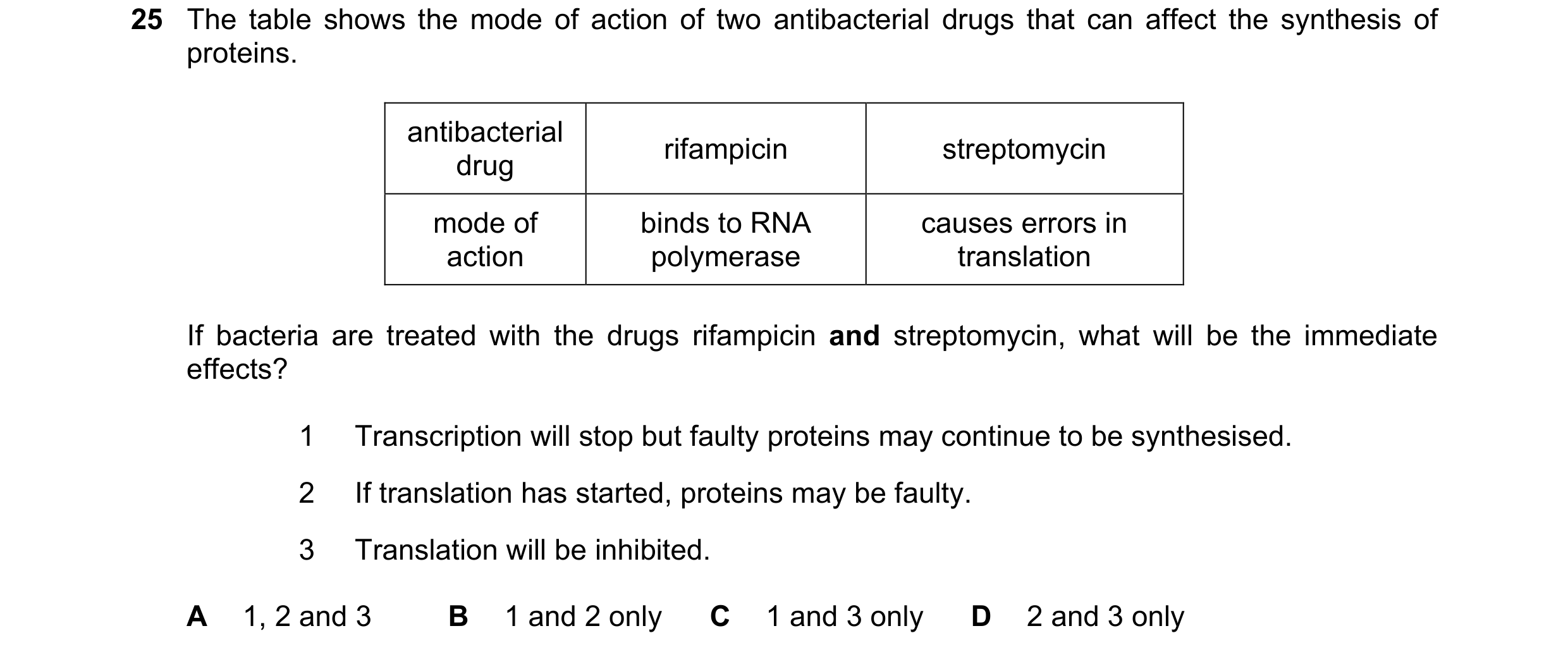 Question 71: The table shows the mode of action of two antibacterial drugs that can affect the synthesis of proteins. antibacterial rifampicin streptomy…