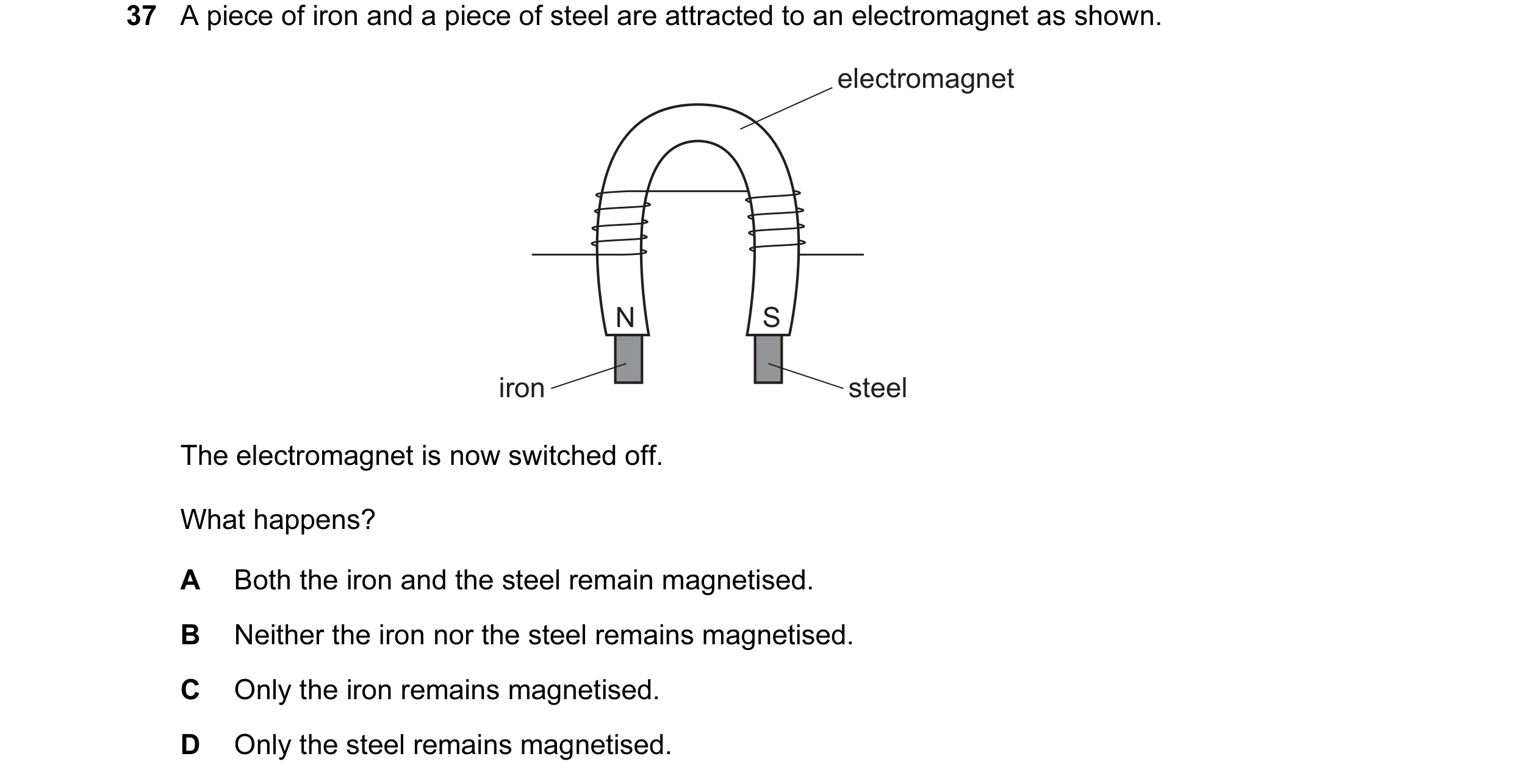 Question 24: A piece of iron and a piece of steel are attracted to an electromagnet as shown. electromagnet N S iron steel The electromagnet is now swit…