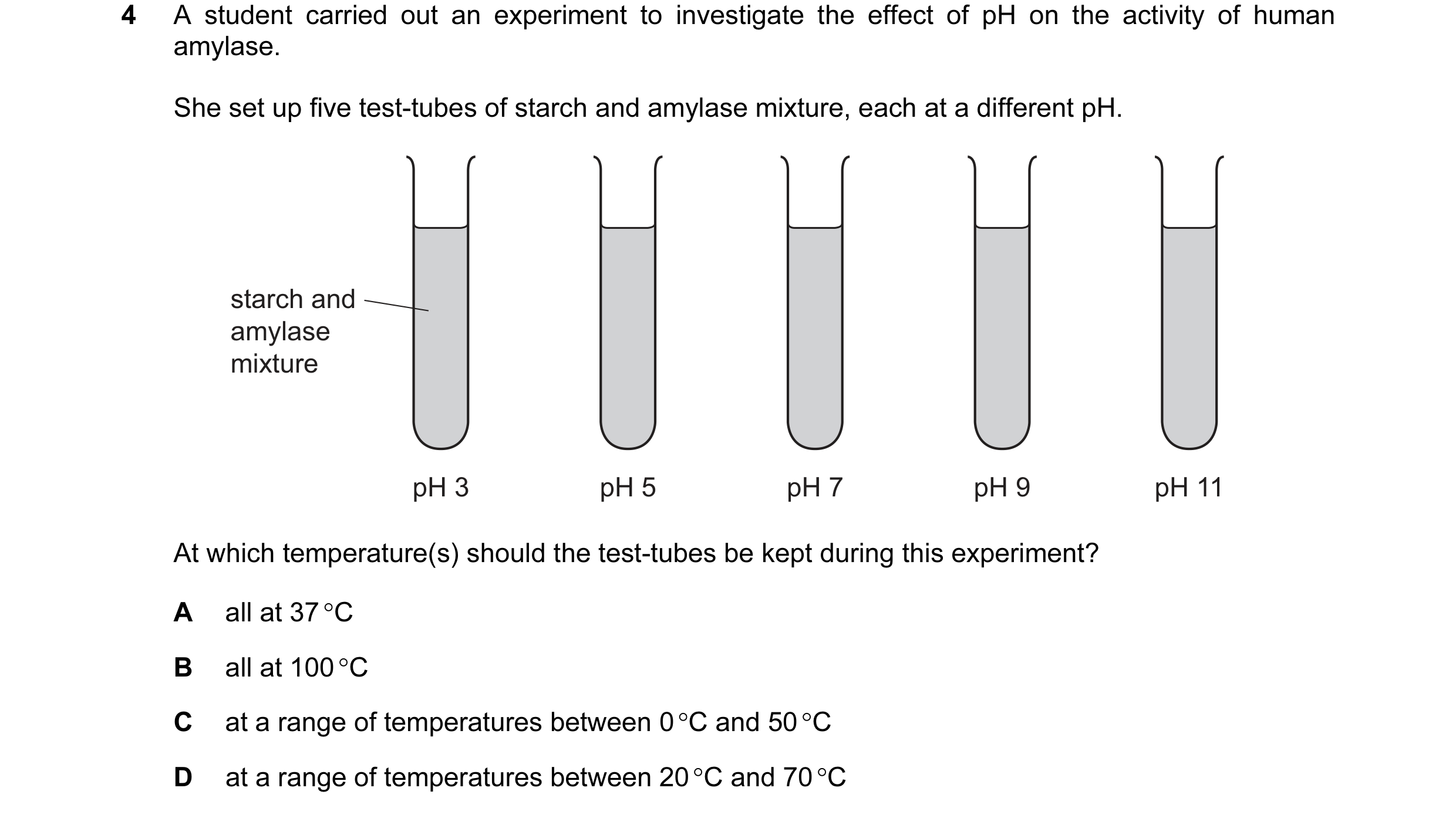 Question 11: A student carried out an experiment to investigate the effect of pH on the activity of human amylase. She set up five test-tubes of starch …