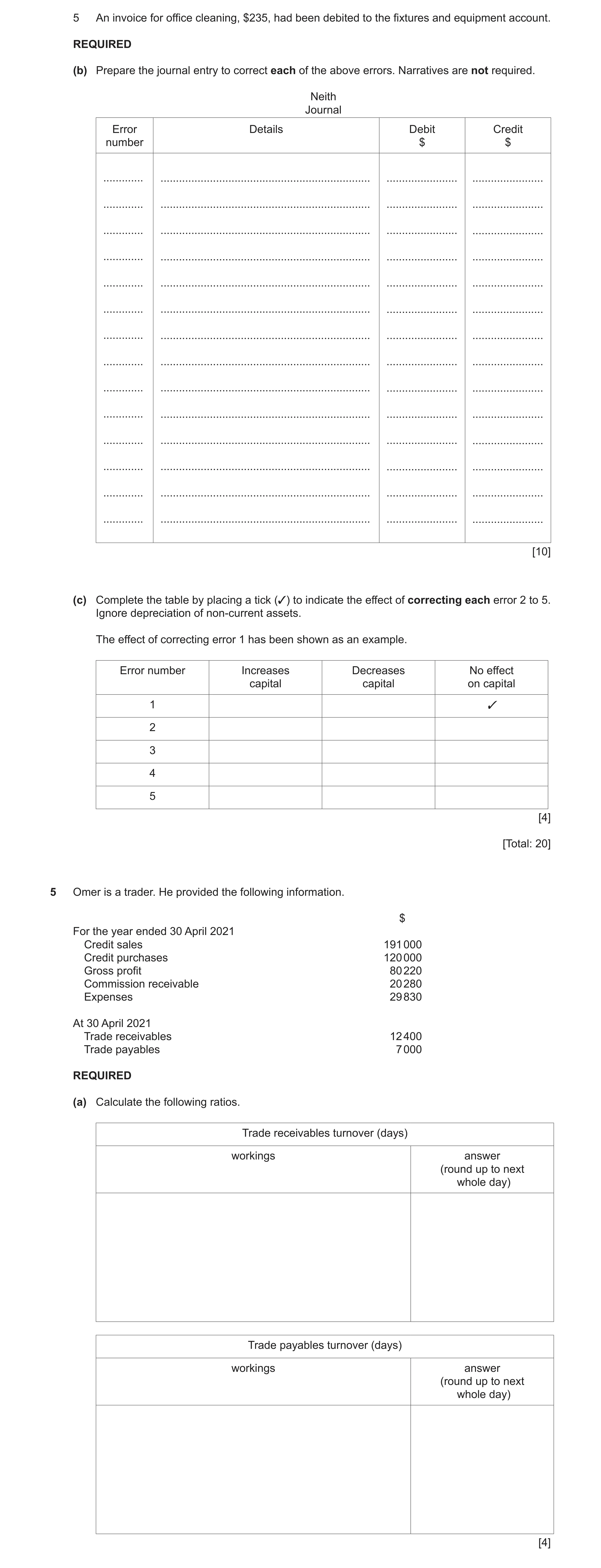Question 4: An invoice for office cleaning, $235, had been debited to the fixtures and equipment account. REQUIRED (b) Prepare the journal entry to cor…