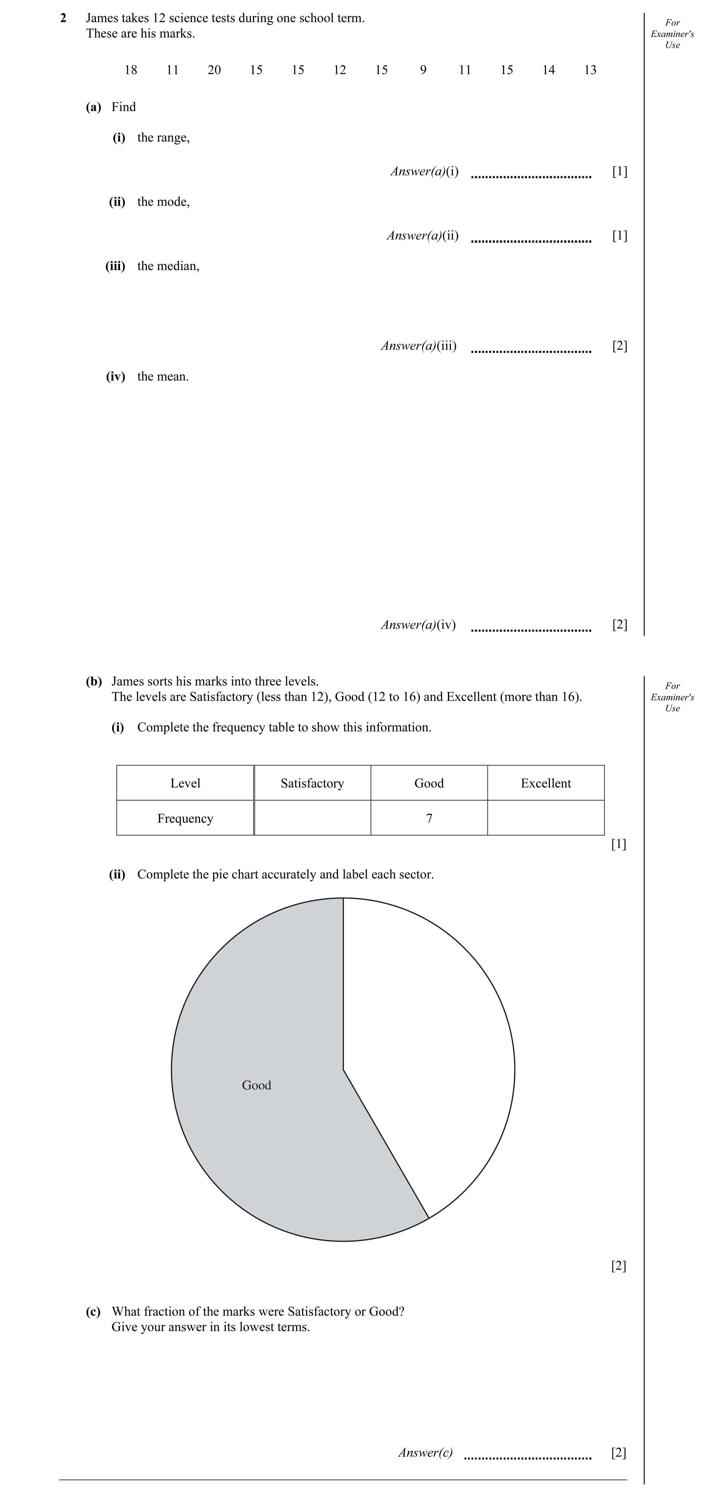 Question 13: James takes 12 science tests during one school term. For These are his marks. Examiner's Use 18 11 20 15 15 12 15 9 11 15 14 13 (a) Find (i…