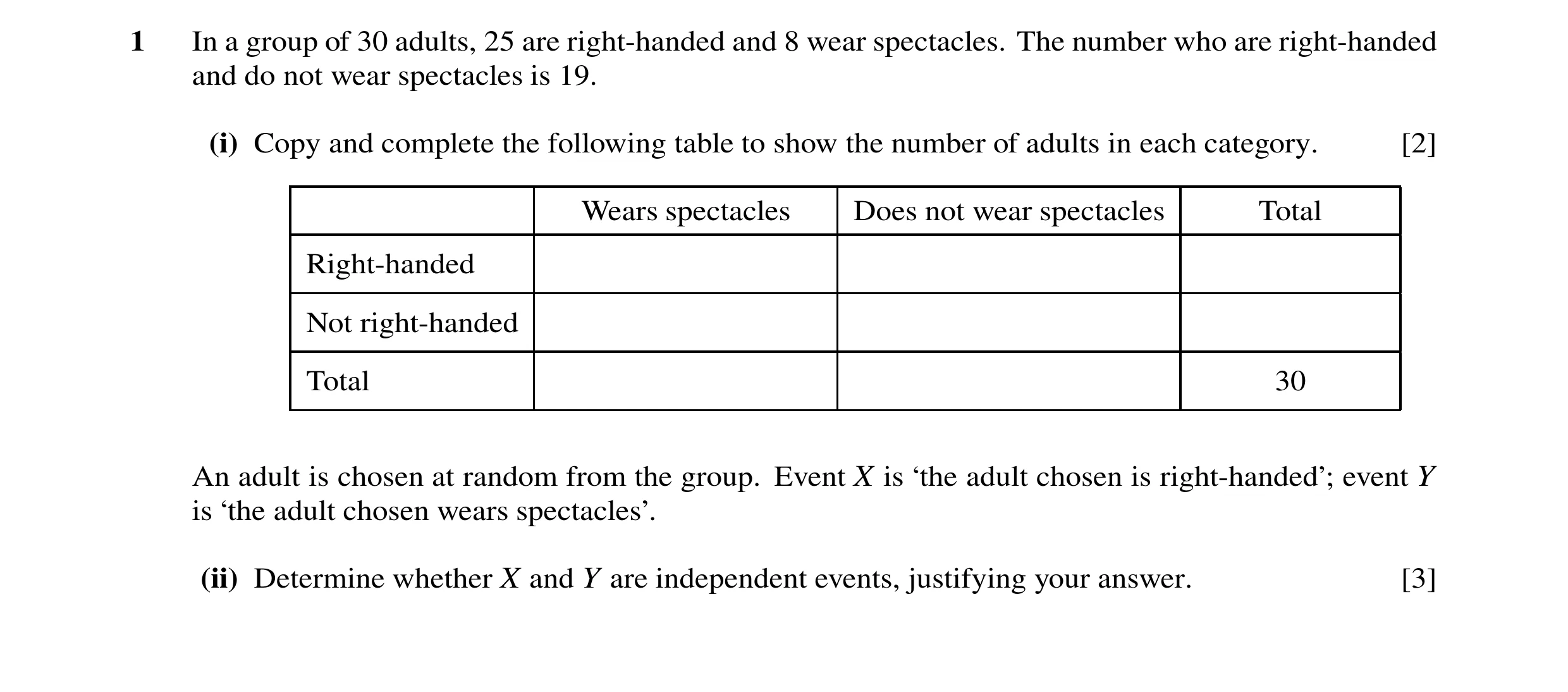 Question 48: In a group of 30 adults, 25 are right-handed and 8 wear spectacles. The number who are right-handed and do not wear spectacles is 19. (i) C…