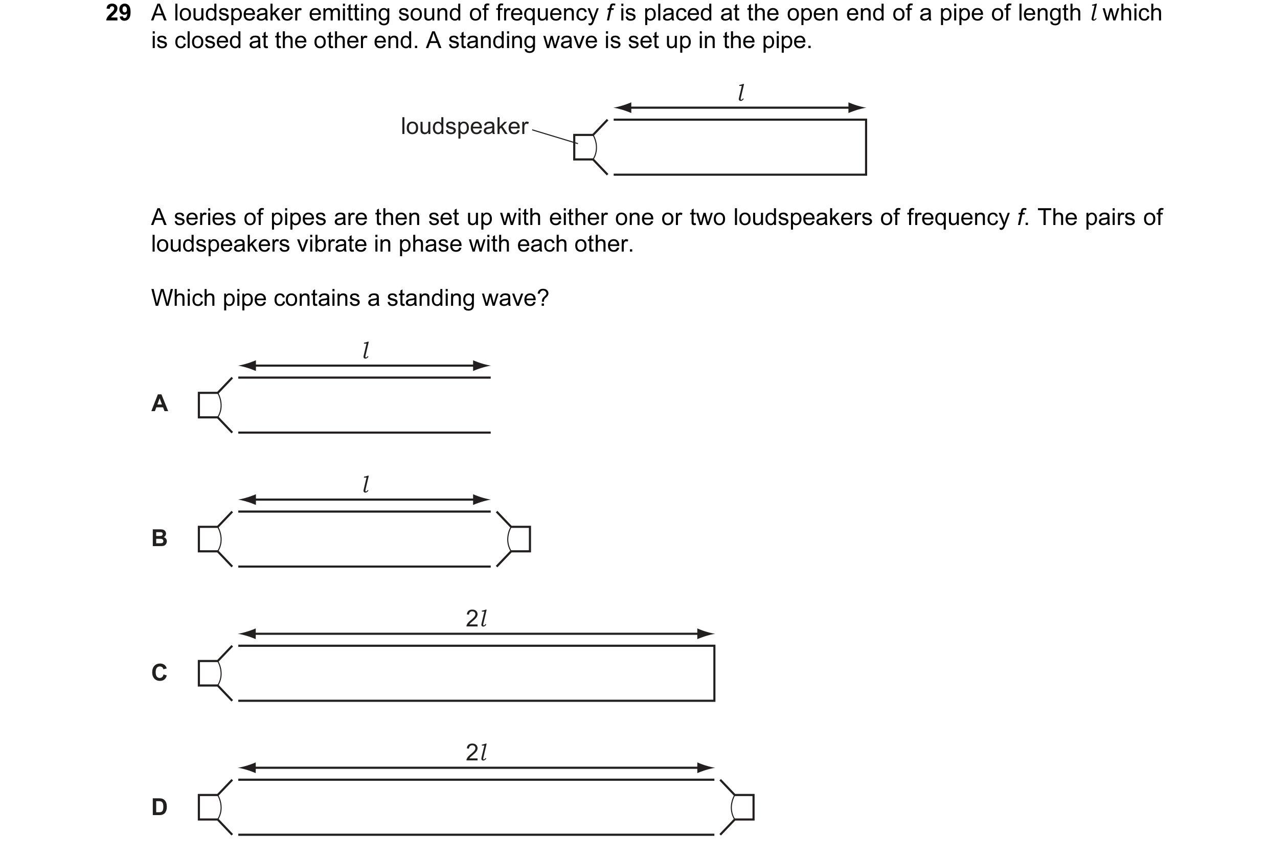 Question 44: A loudspeaker emitting sound of frequency f is placed at the open end of a pipe of length l which is closed at the other end. A standing wa…