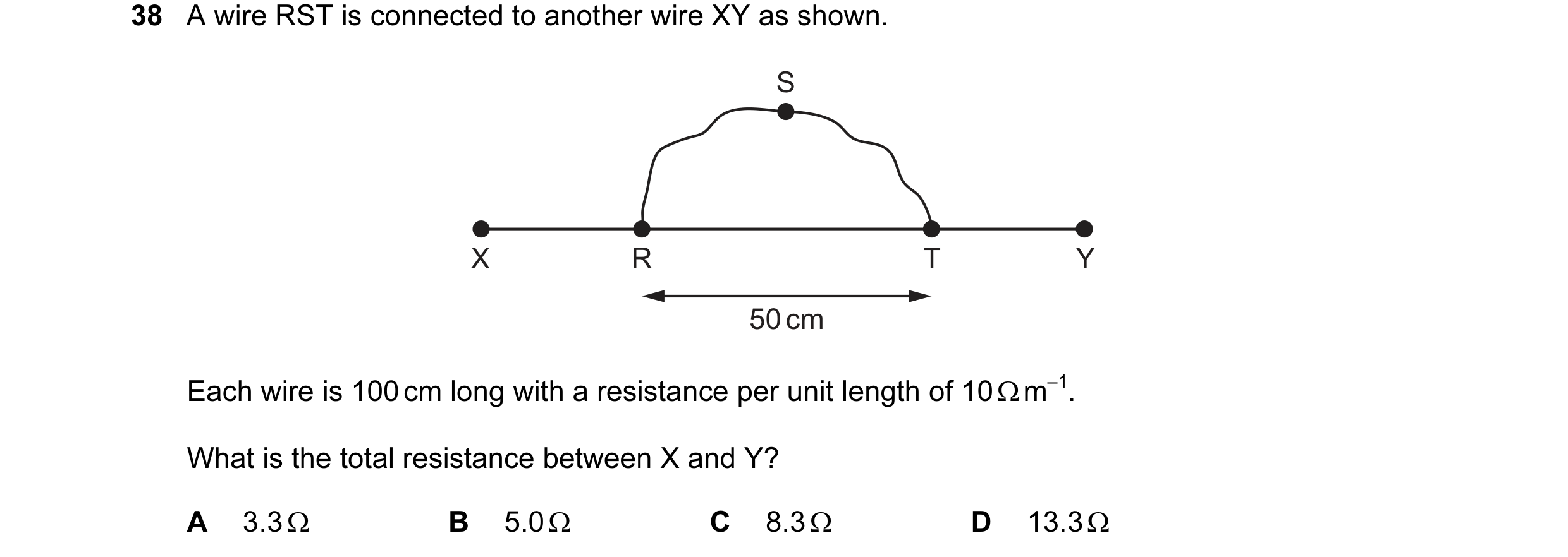 Question 89: A wire RST is connected to another wire XY as shown. S X R T Y 50 cm Each wire is 100 cm long with a resistance per unit length of 10 Ω m–1…