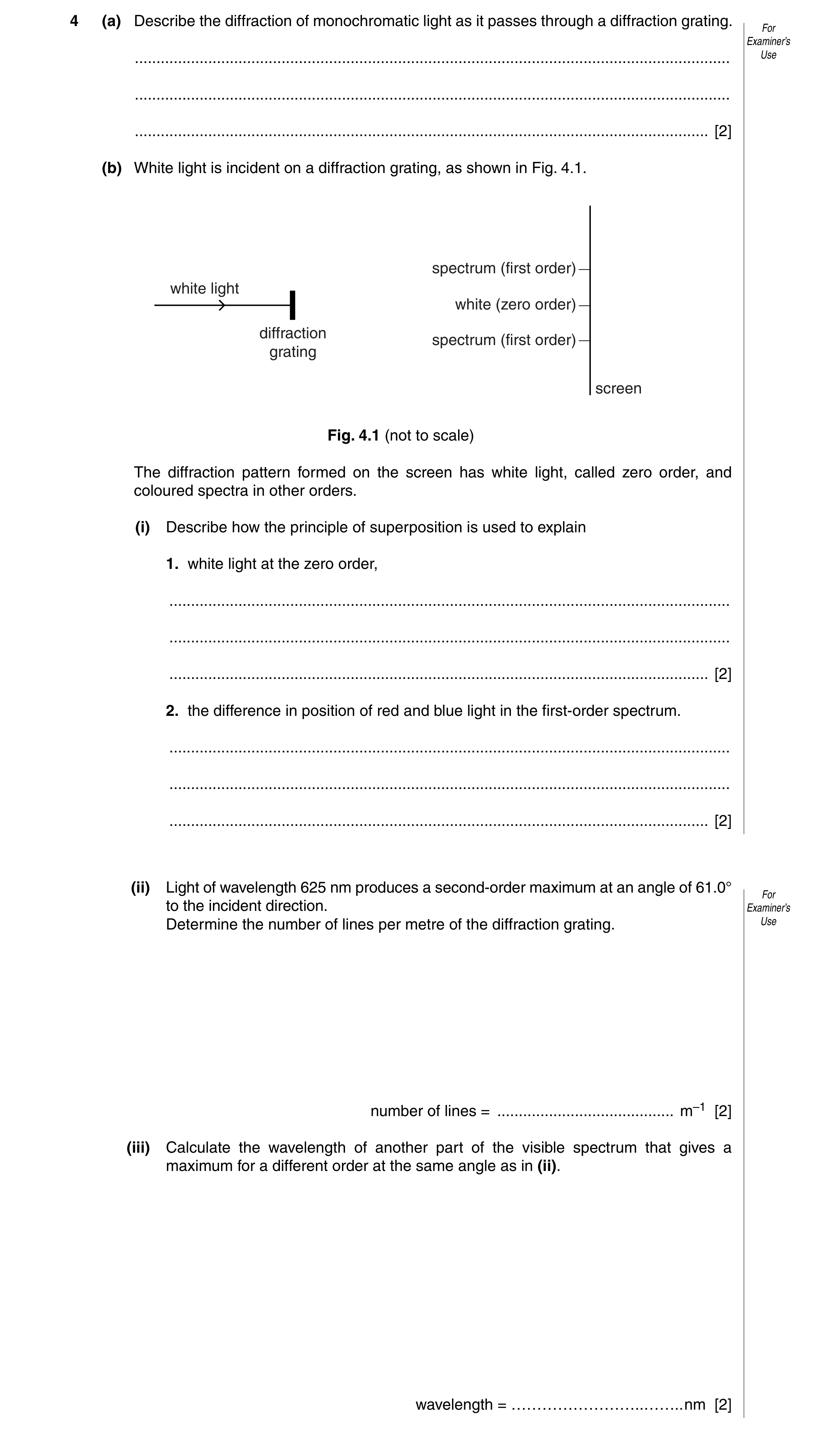 Question 5: (a) Describe the diffraction of monochromatic light as it passes through a diffraction grating. For Examiner’s ............................…