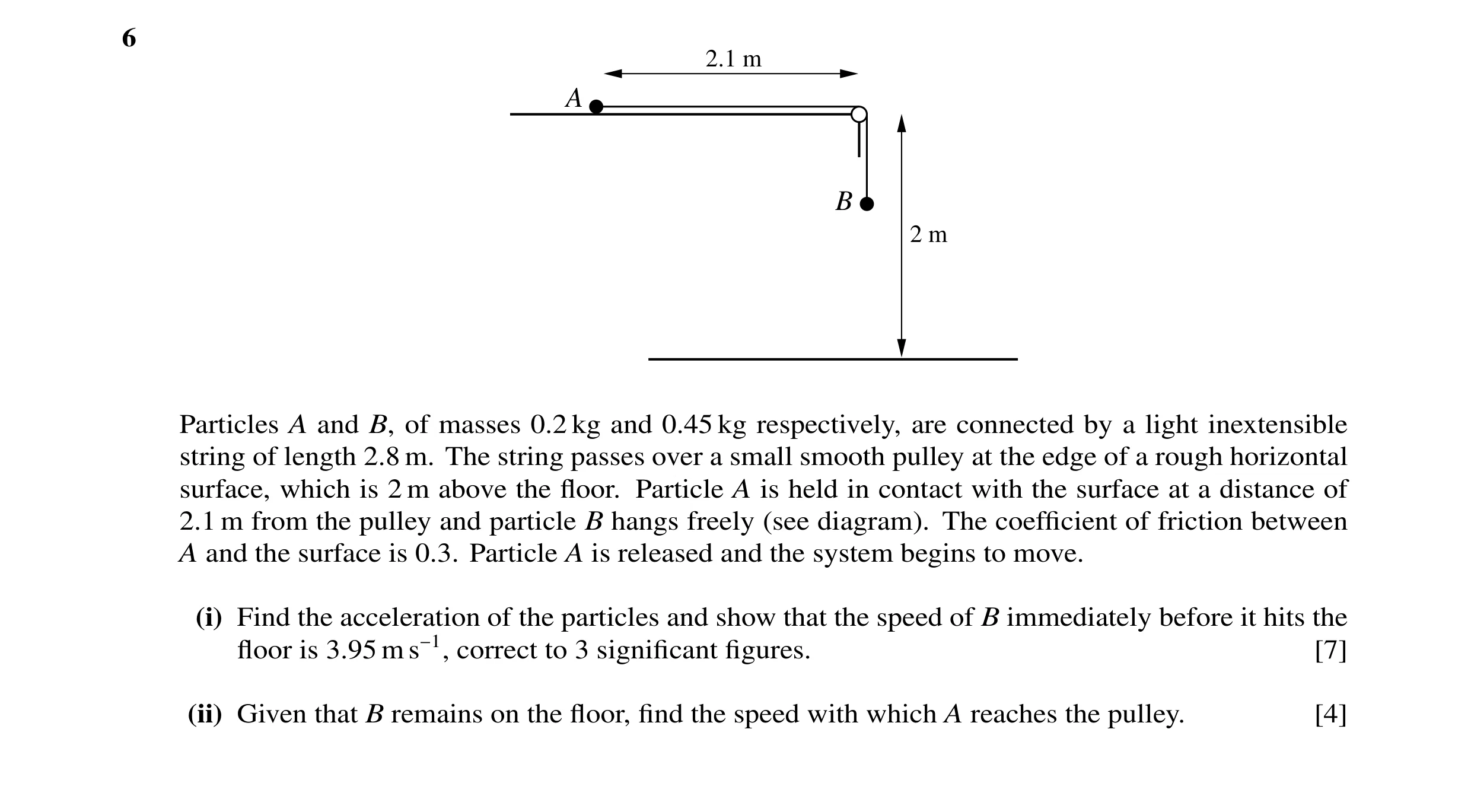 Question 33: 2.1 m A B 2 m Particles A and B, of masses 0.2 kg and 0.45 kg respectively, are connected by a light inextensible string of length 2.8 m. T…