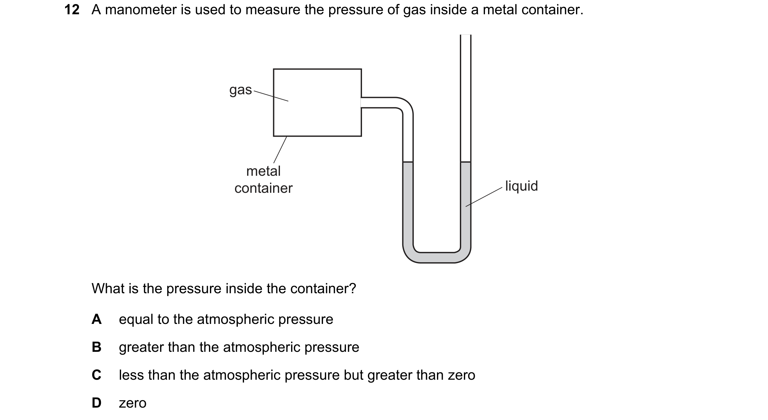 Question 139: A manometer is used to measure the pressure of gas inside a metal container. gas metal container liquid What is the pressure inside the con…