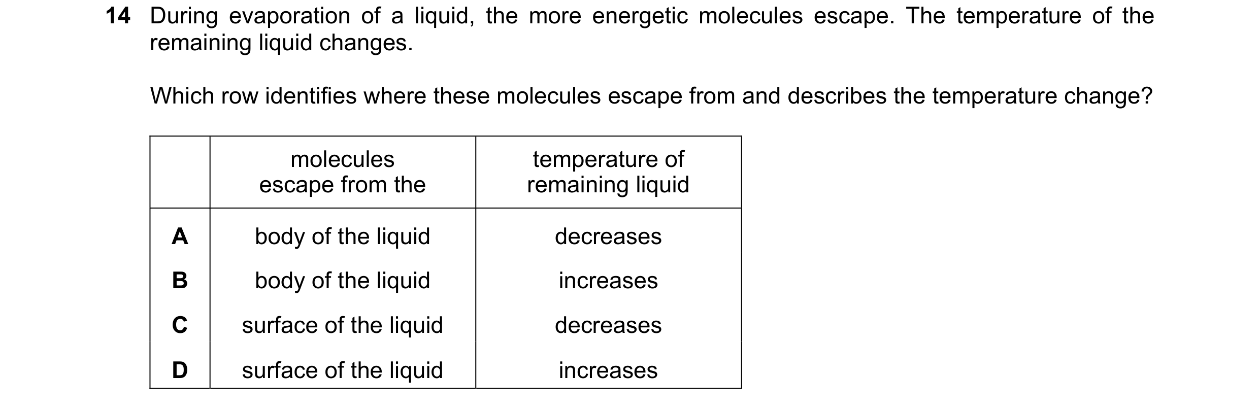 Question 153: During evaporation of a liquid, the more energetic molecules escape. The temperature of the remaining liquid changes. Which row identifies …
