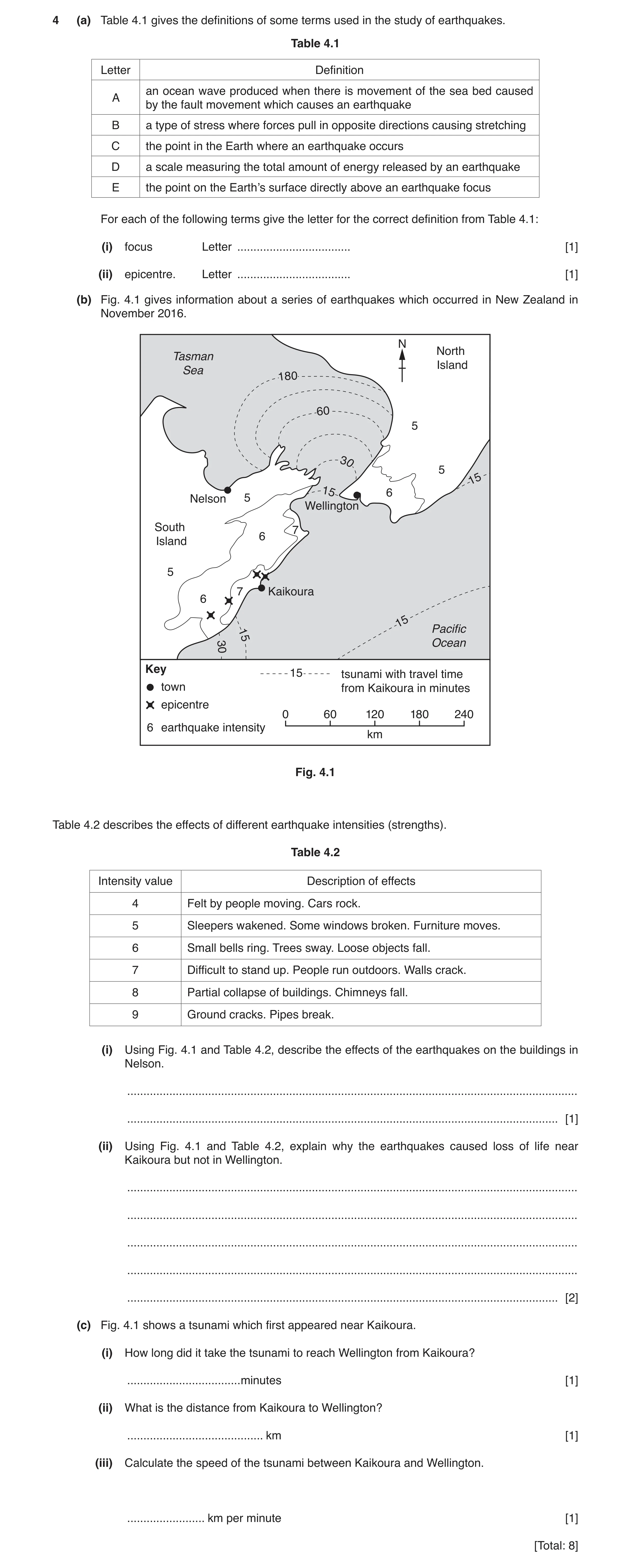 Question 10: (a) Table 4.1 gives the definitions of some terms used in the study of earthquakes. Table 4.1 Letter Definition an ocean wave produced when…