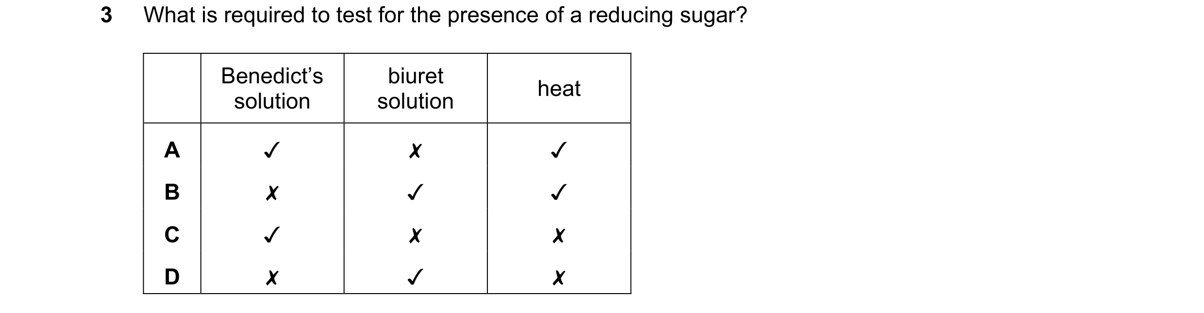 Question 78: What is required to test for the presence of a reducing sugar?
“solution | solution | Reet
A J x J
B x J J
c J x x
D x J x