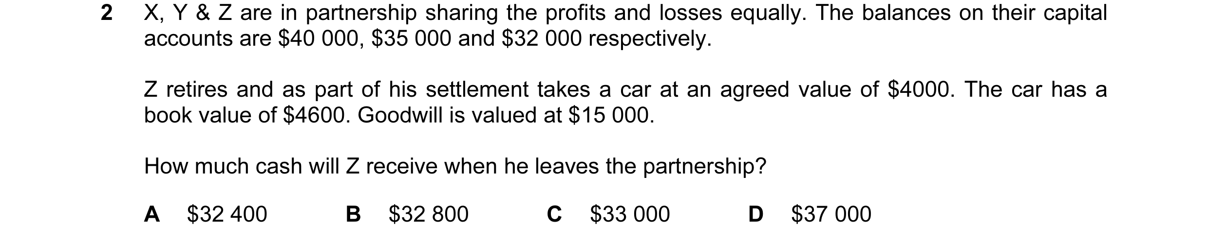 Question 20: X, Y & Z are in partnership sharing the profits and losses equally. The balances on their capital accounts are $40 000, $35 000 and $32 000…