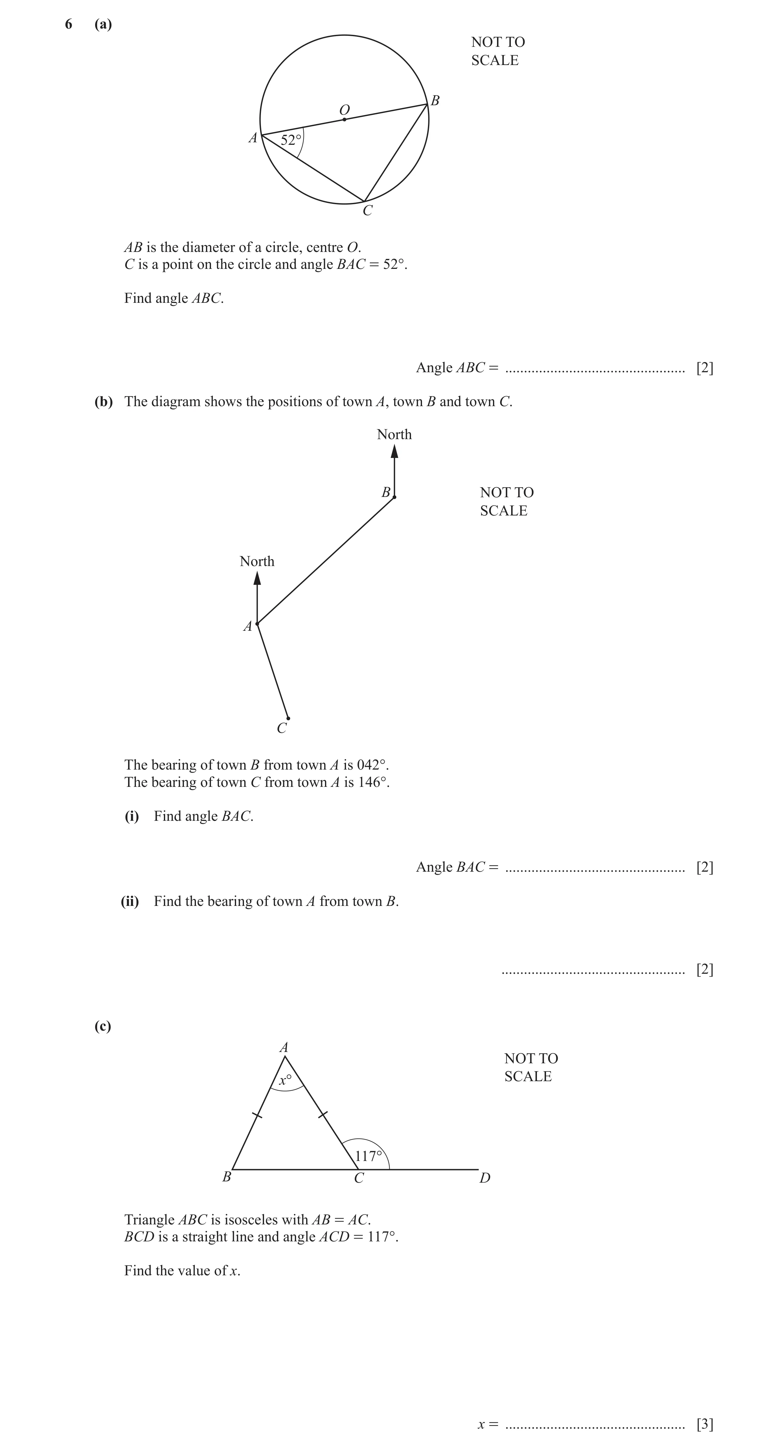 Question 72: (a) NOT TO SCALE B O A 52° C AB is the diameter of a circle, centre O. C is a point on the circle and angle BAC = 52°. Find angle ABC. Angl…