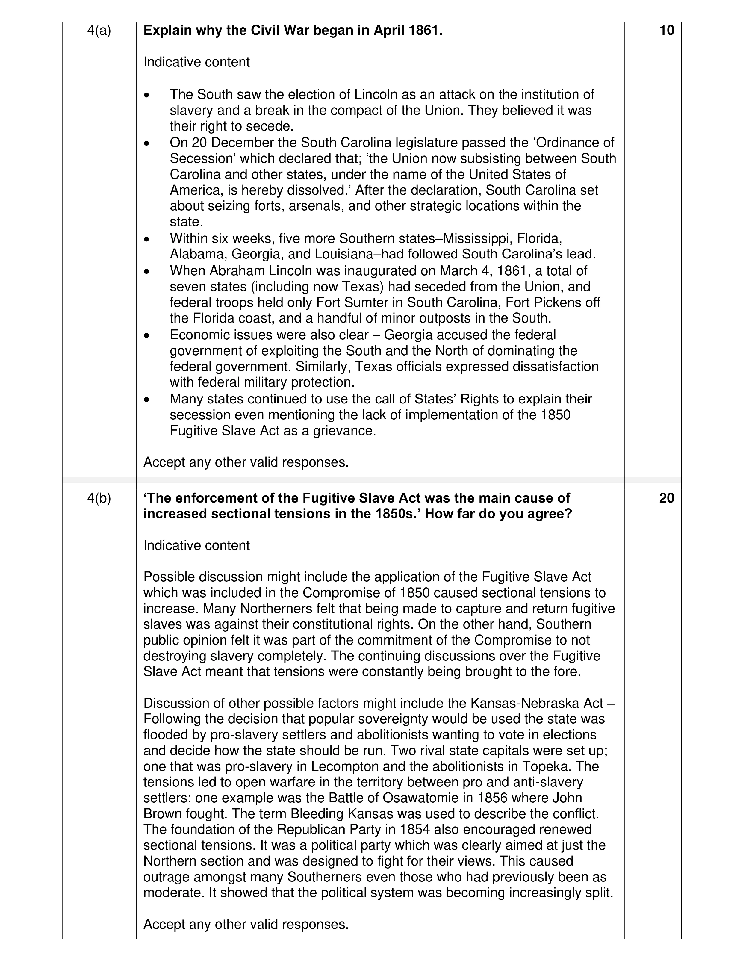 Mark scheme for question 10