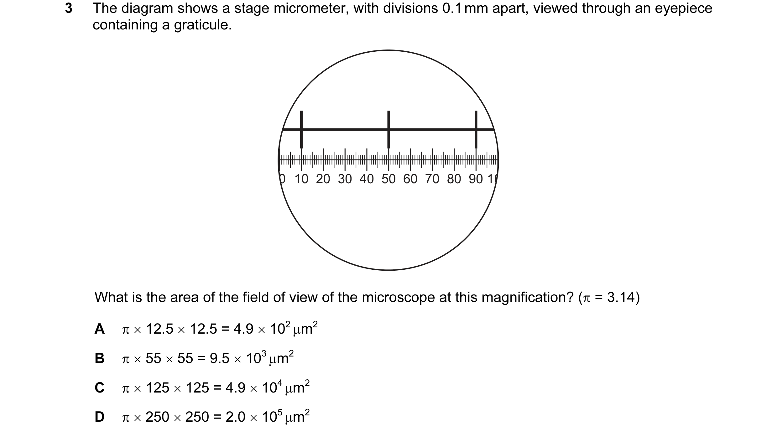 Question 20: The diagram shows a stage micrometer, with divisions 0.1 mm apart, viewed through an eyepiece containing a graticule. 0 10 20 30 40 50 60 7…