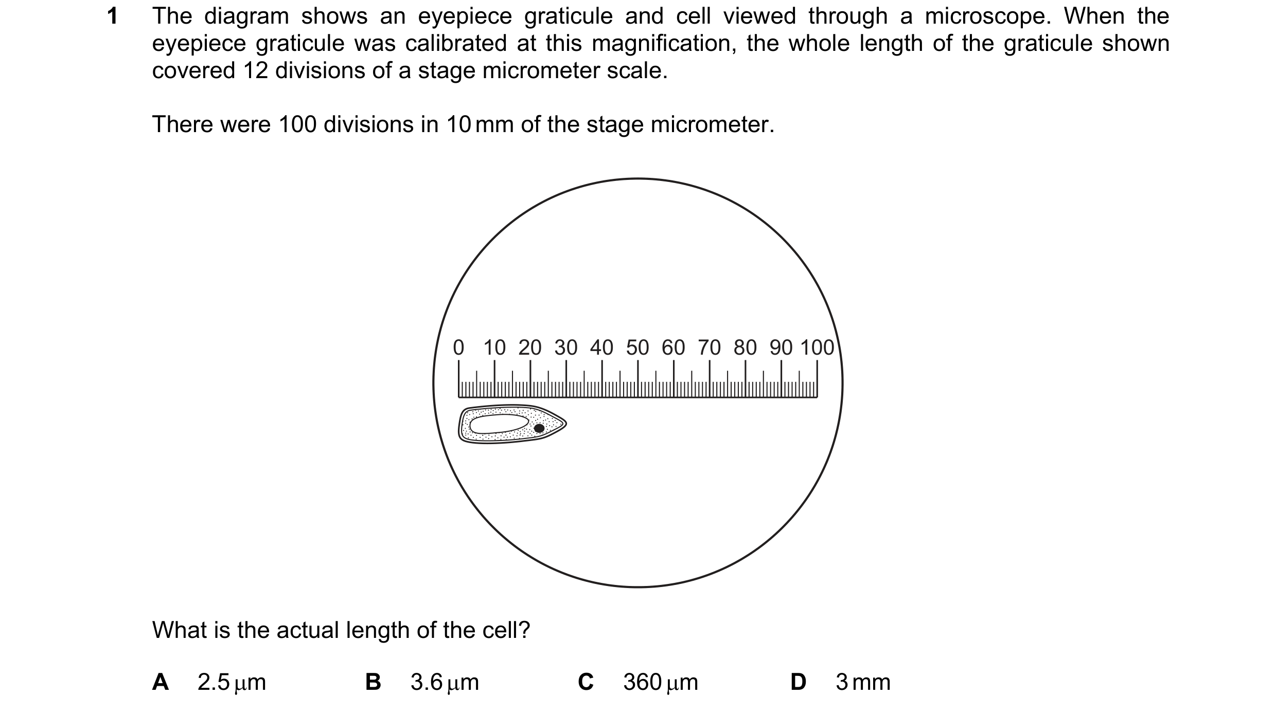 Question 133: The diagram shows an eyepiece graticule and cell viewed through a microscope. When the eyepiece graticule was calibrated at this magnificat…
