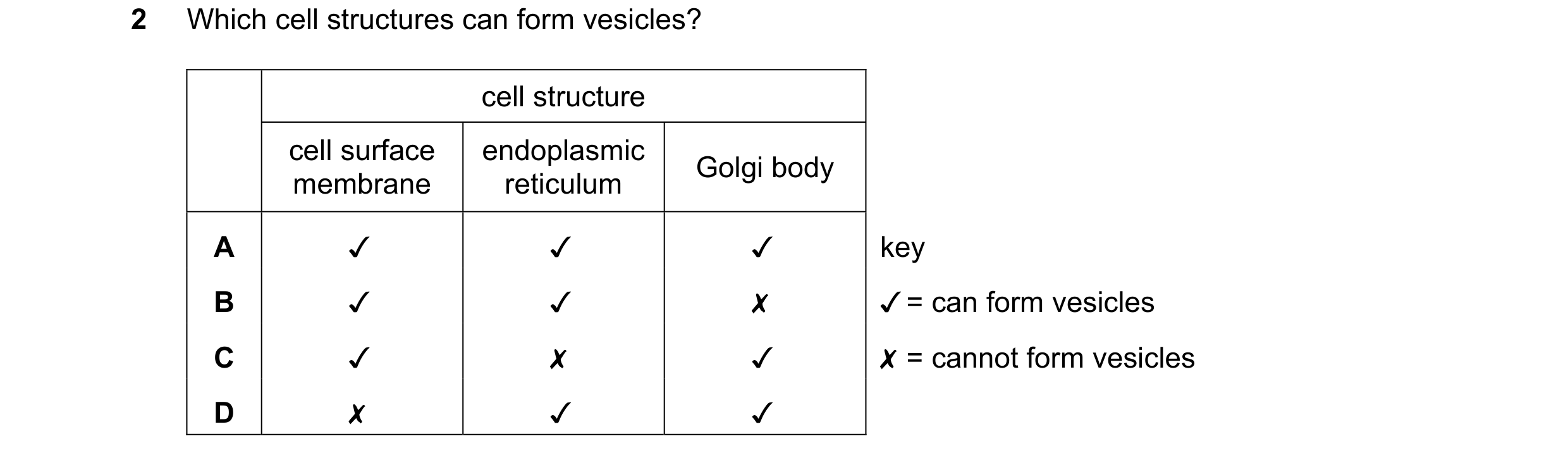 Question 233: Which cell structures can form vesicles?

cell structure

cell surface
membrane

endoplasmic
reticulum

Golgi body

key
/ = can form vesicl…