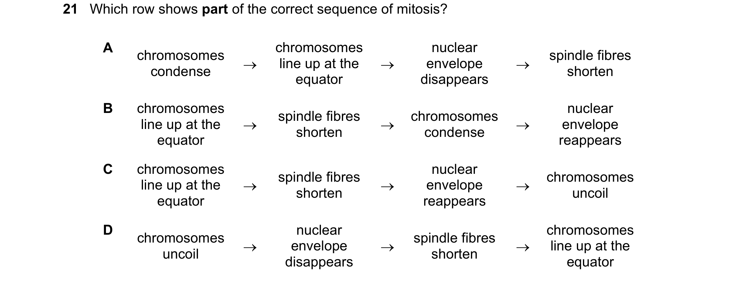Question 80: Which row shows part of the correct sequence of mitosis? A chromosomes nuclear chromosomes spindle fibres → line up at the → envelope → con…