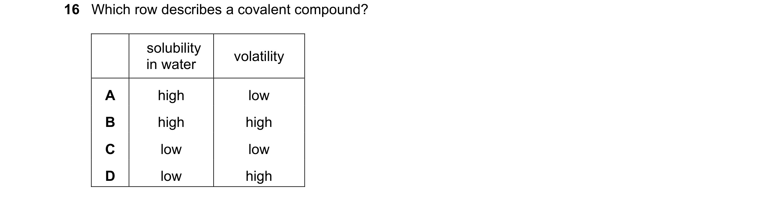 Question 4: Which row describes a covalent compound? solubility volatility in water A high low B high high C low low D low high