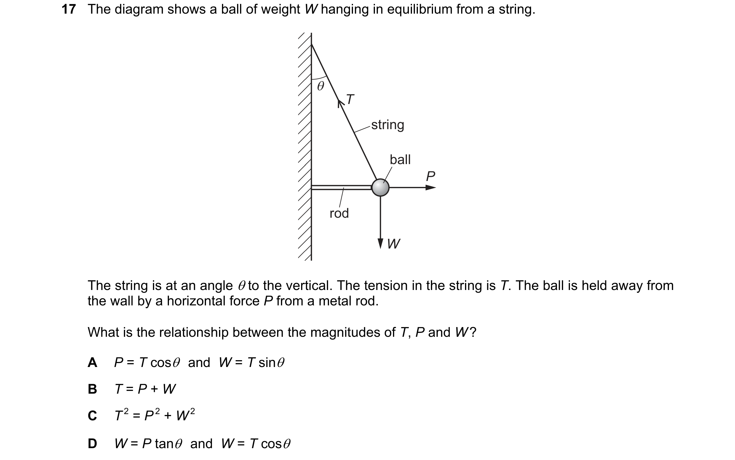 Question 88: The diagram shows a ball of weight W hanging in equilibrium from a string. θ T string ball P rod W The string is at an angle θ to the verti…