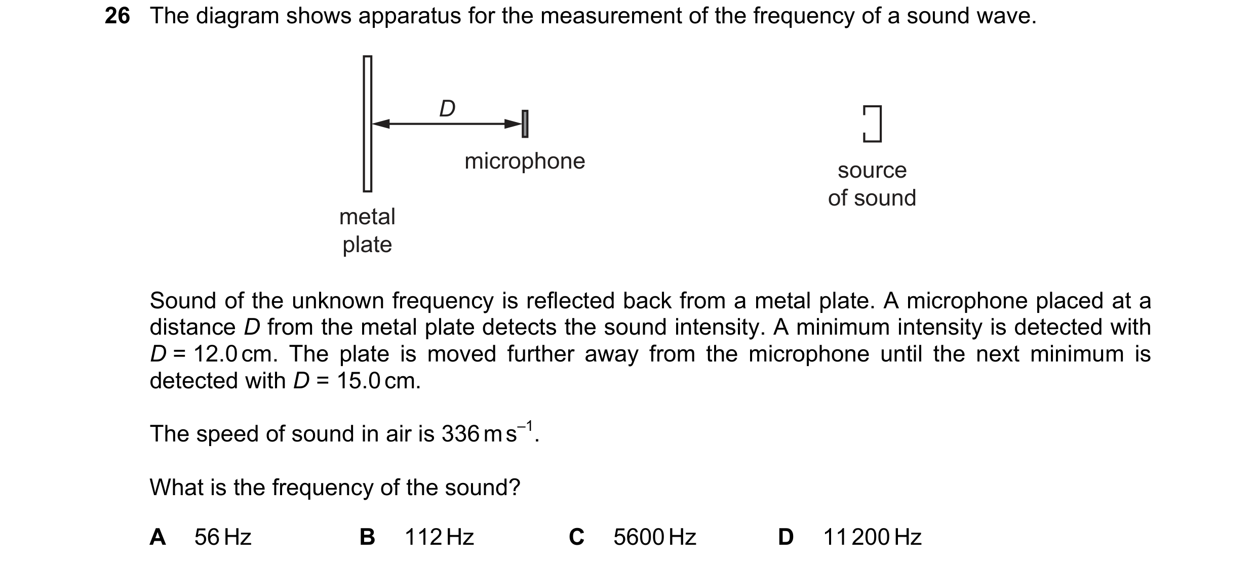 Question 88: The diagram shows apparatus for the measurement of the frequency of a sound wave. D microphone source of sound metal plate Sound of the unk…