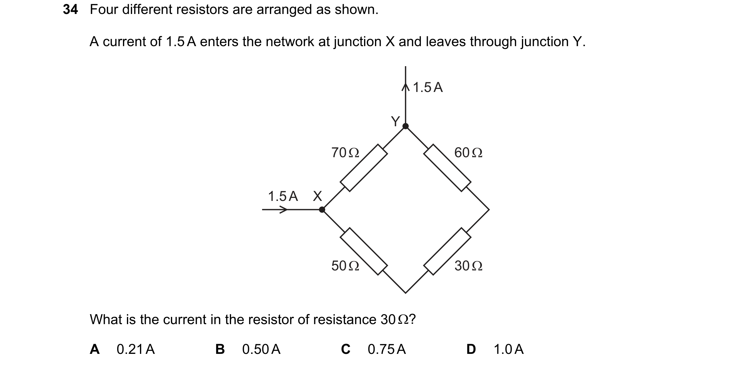 Question 38: Four different resistors are arranged as shown. A current of 1.5 A enters the network at junction X and leaves through junction Y. 1.5 A Y …