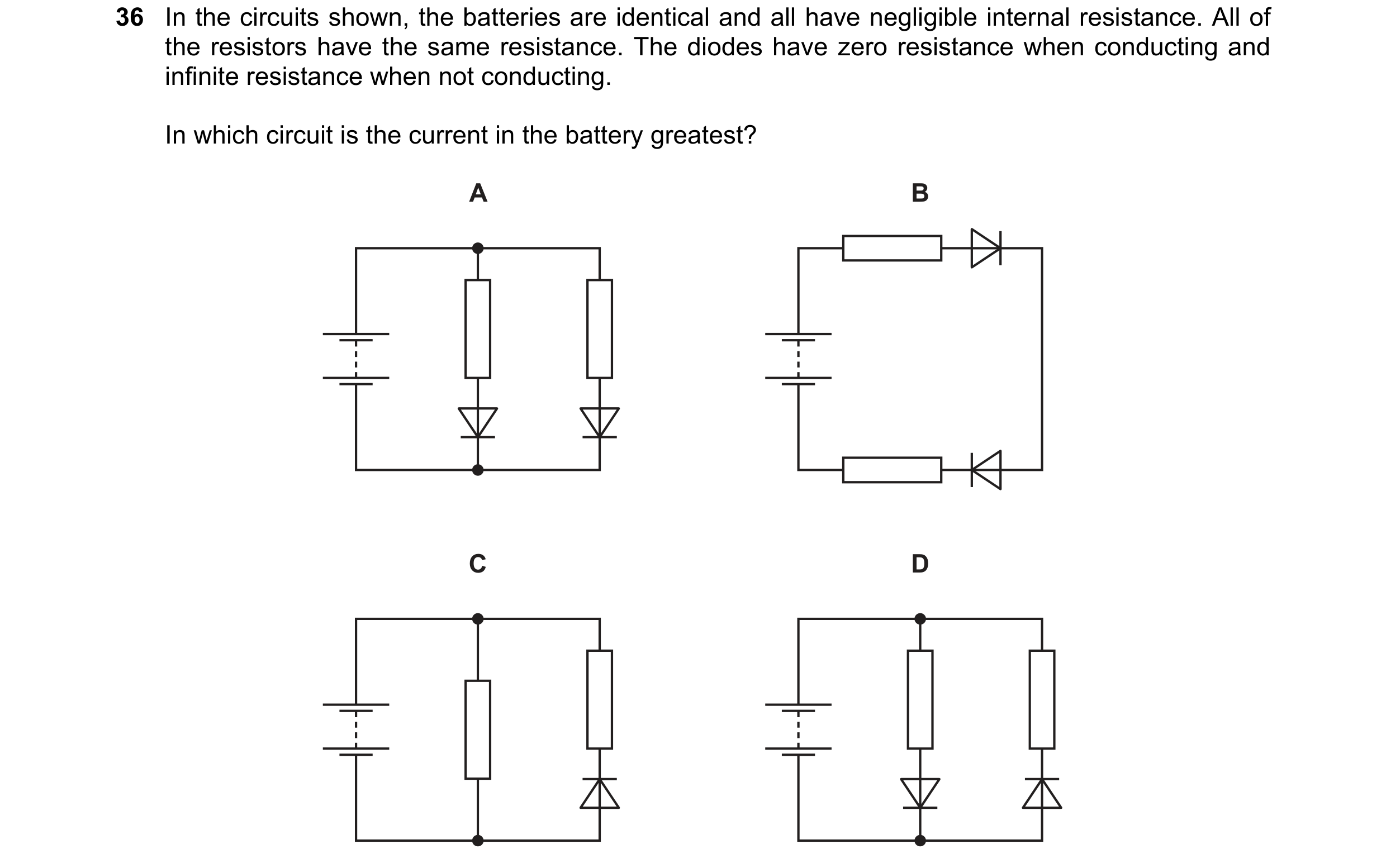 Question 131: In the circuits shown, the batteries are identical and all have negligible internal resistance. All of the resistors have the same resistan…