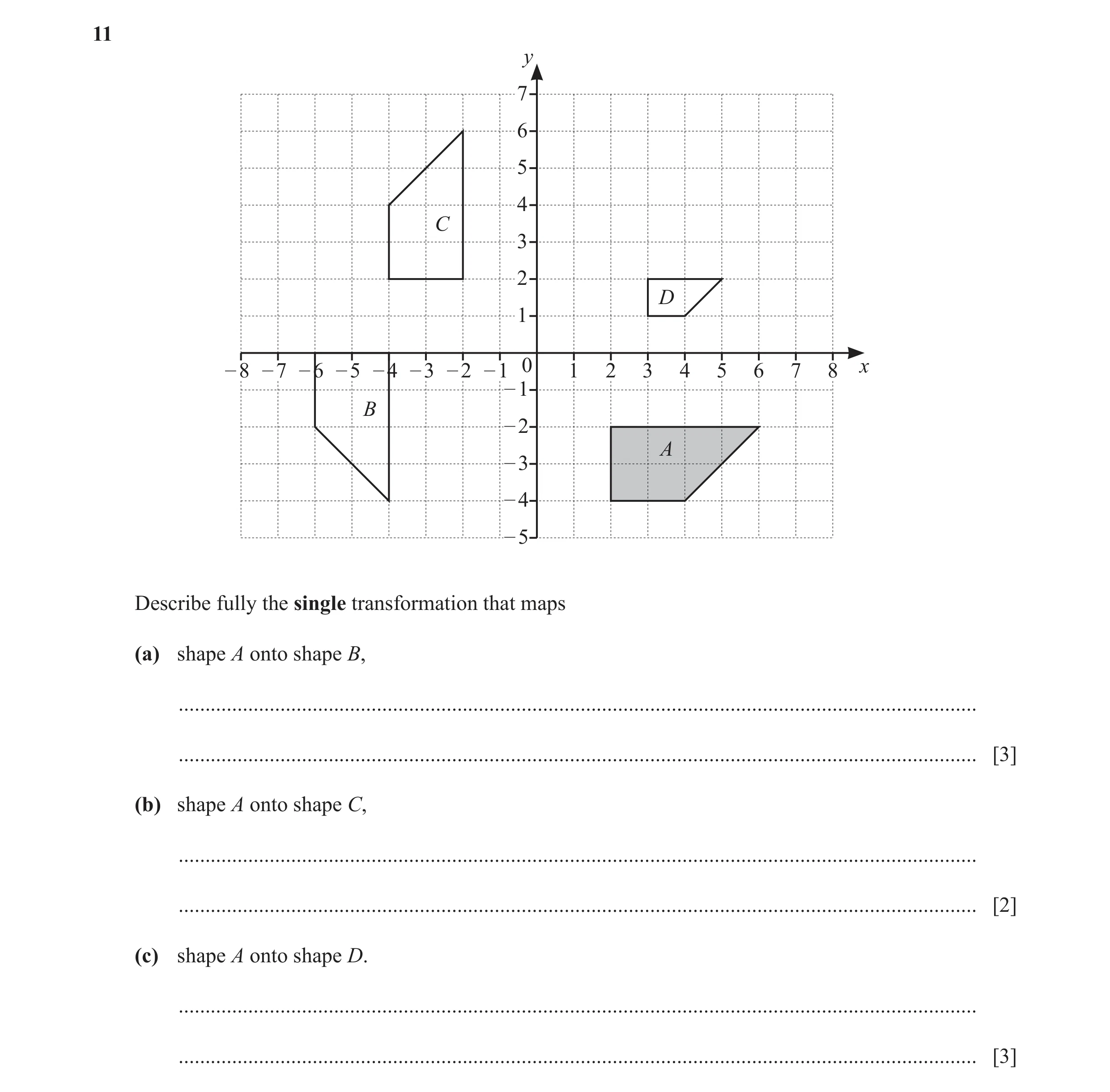 Question 23: y 7 6 5 4 C 3 2 D 1 – 8 – 7 – 6 – 5 – 4 – 3 – 2 – 1 0 1 2 3 4 5 6 7 8 x – 1 B – 2 A – 3 – 4 – 5 Describe fully the single transformation th…