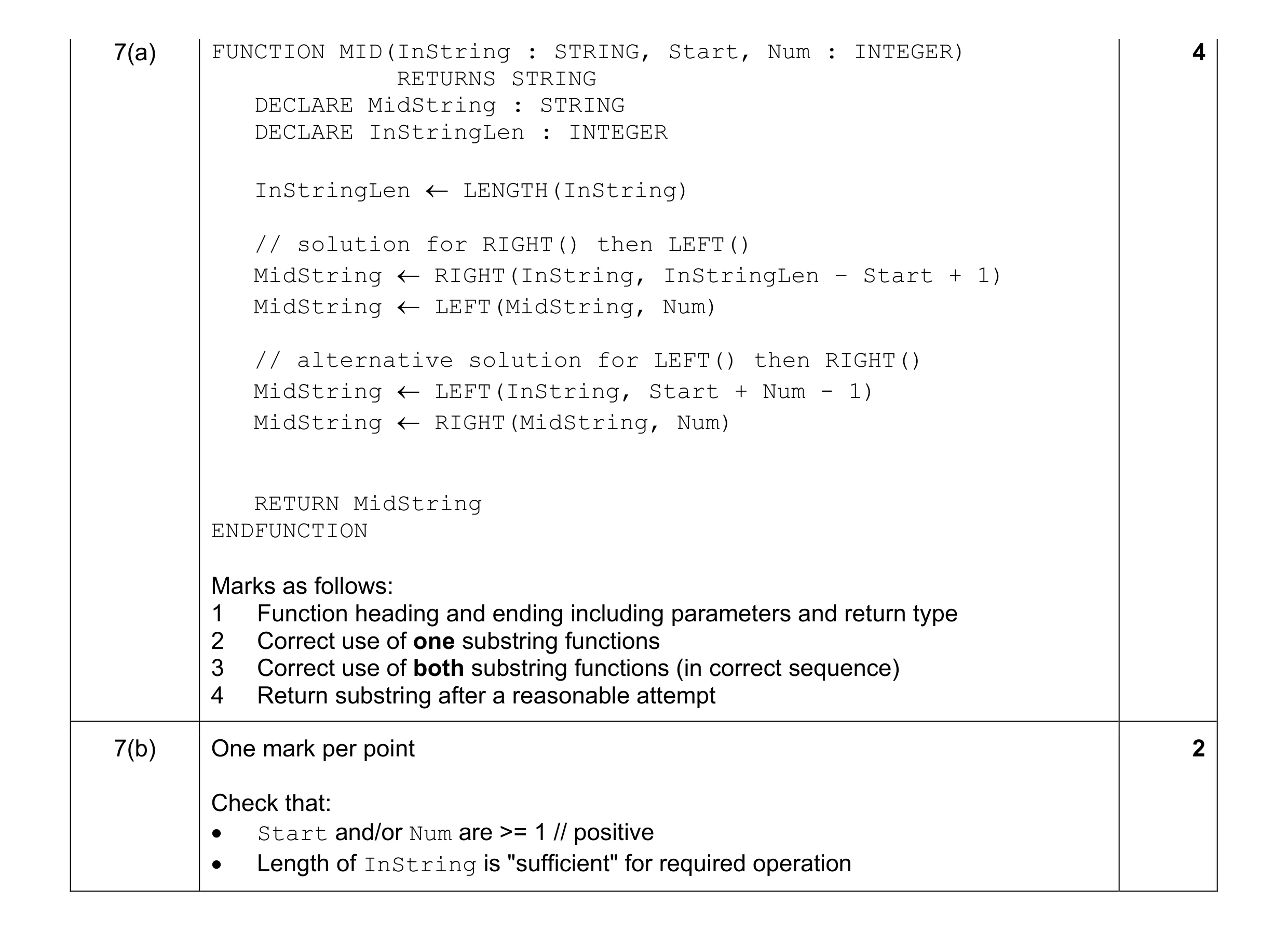Mark scheme for question 10