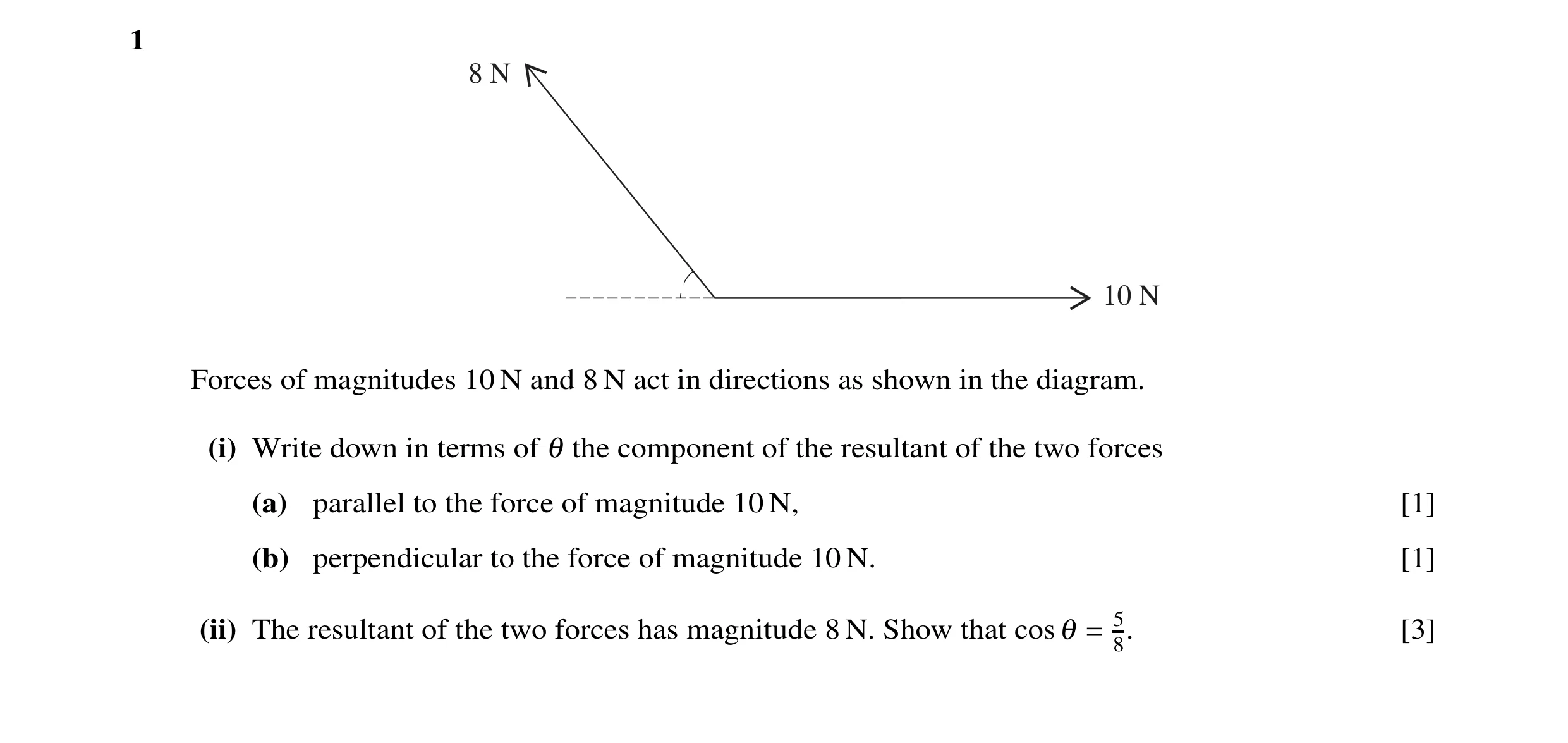 Question 12: 8 N 10 N Forces of magnitudes 10 N and 8 N act in directions as shown in the diagram. (i) Write down in terms of θ the component of the res…