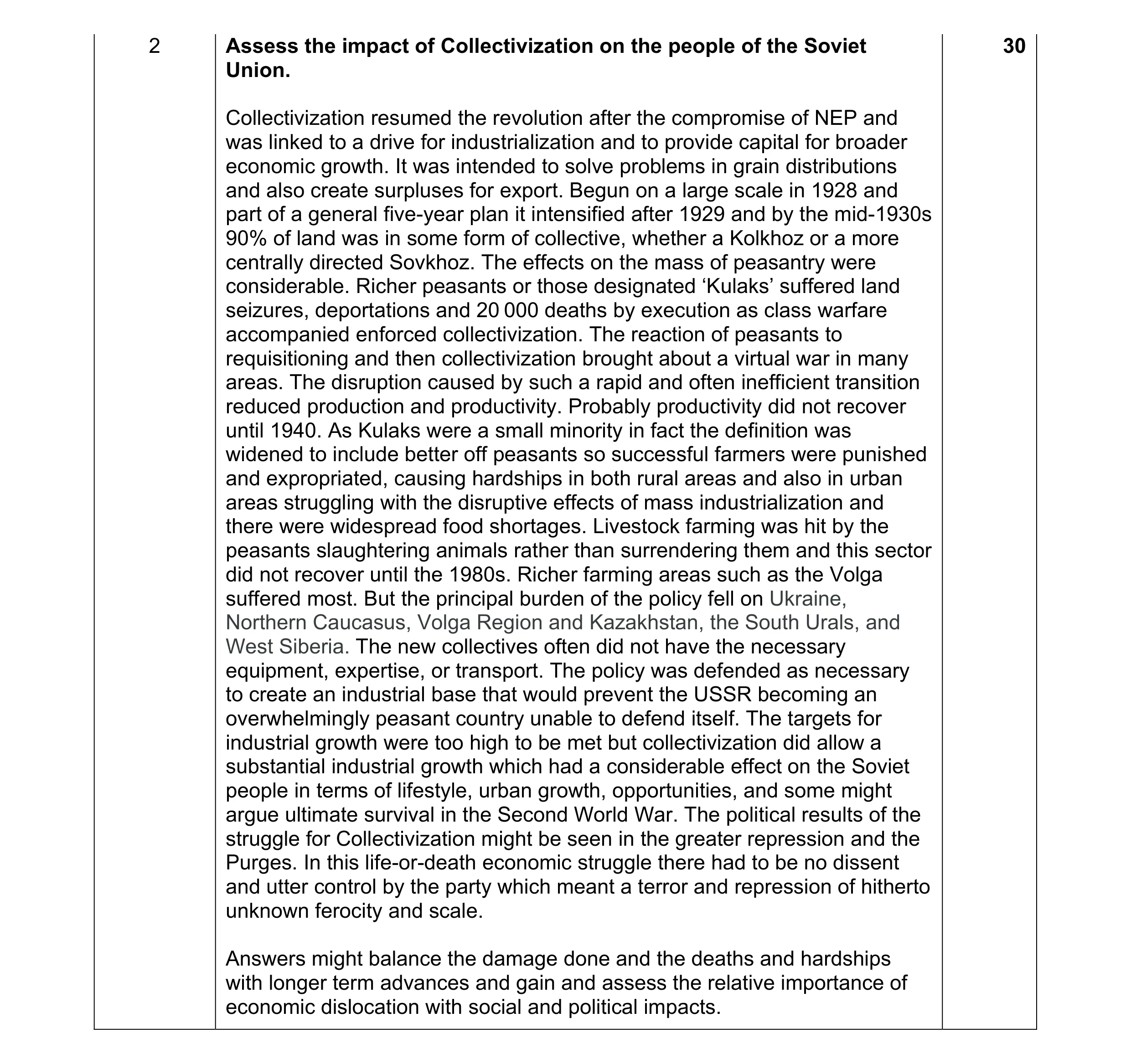 Mark scheme for question 7