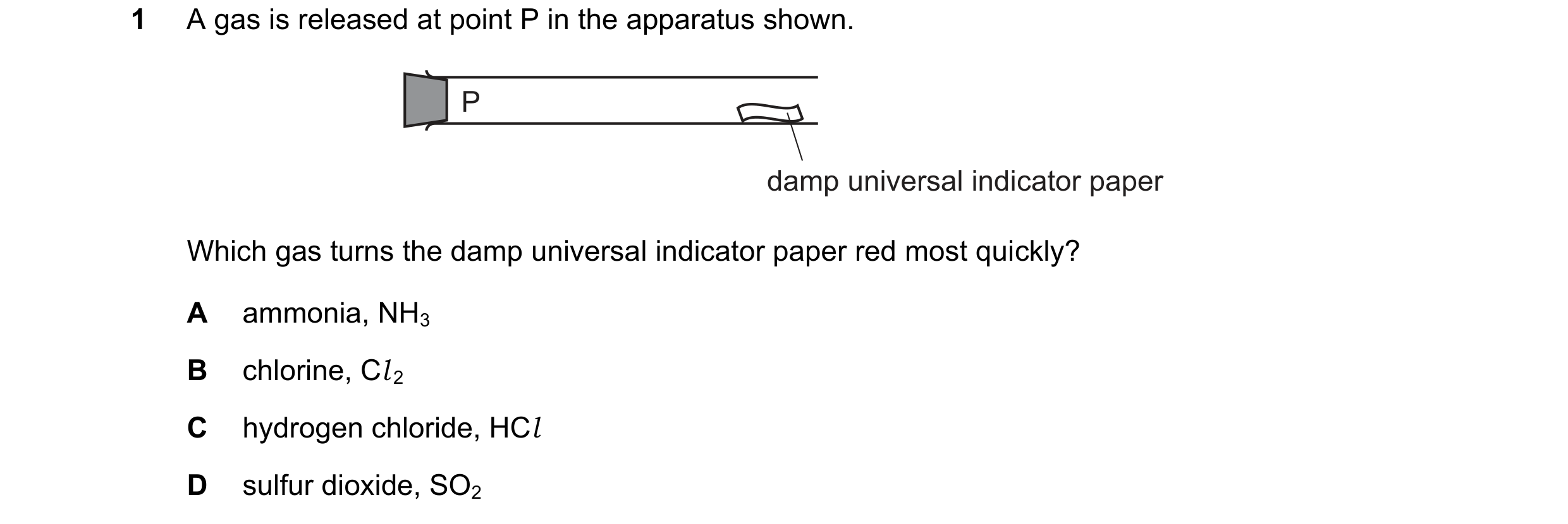 Question 6: A gas is released at point P in the apparatus shown. P damp universal indicator paper Which gas turns the damp universal indicator paper re…
