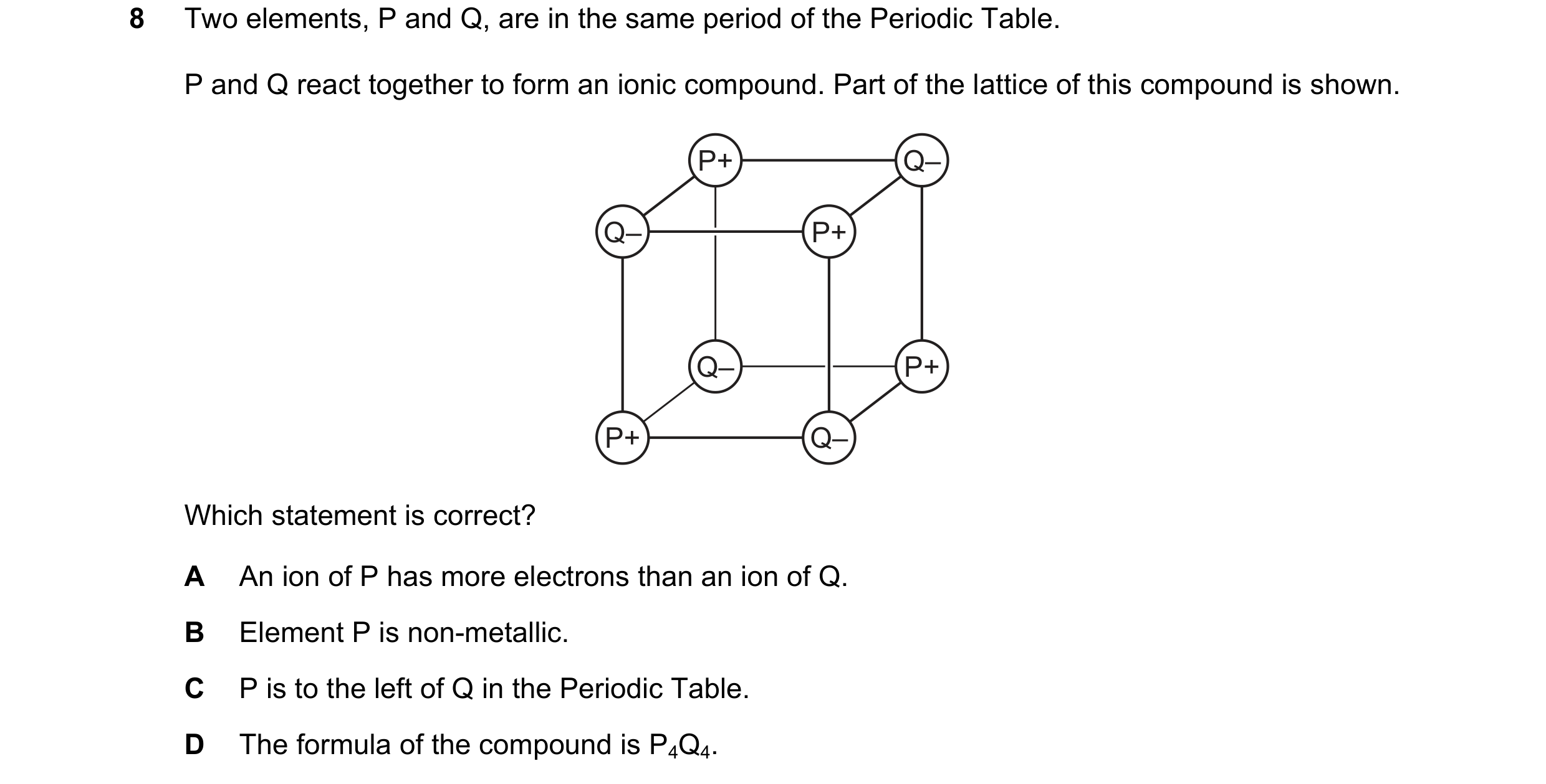 Question 10: Two elements, P and Q, are in the same period of the Periodic Table. P and Q react together to form an ionic compound. Part of the lattice …