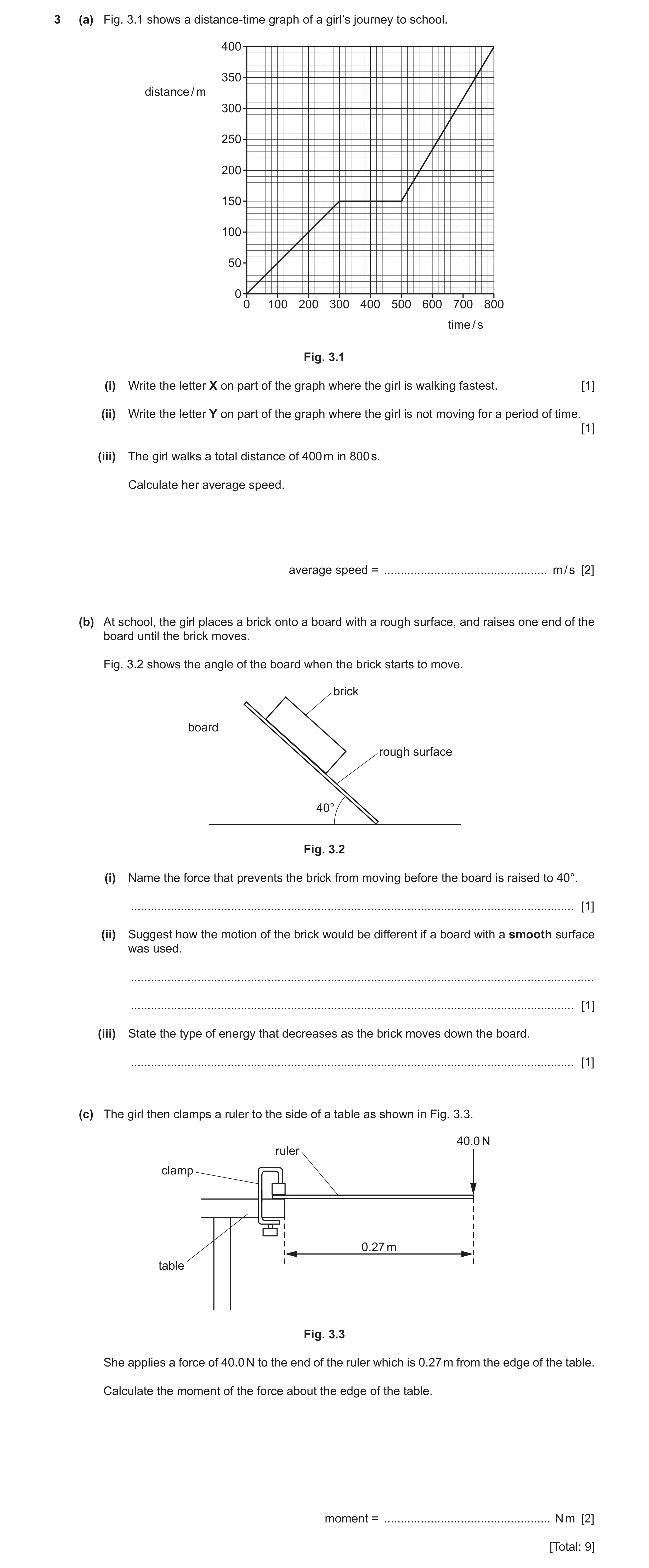 Question 16: (a) Fig. 3.1 shows a distance-time graph of a girl’s journey to school. 400 350 distance / m 300 250 200 150 100 50 0 0 100 200 300 400 500…