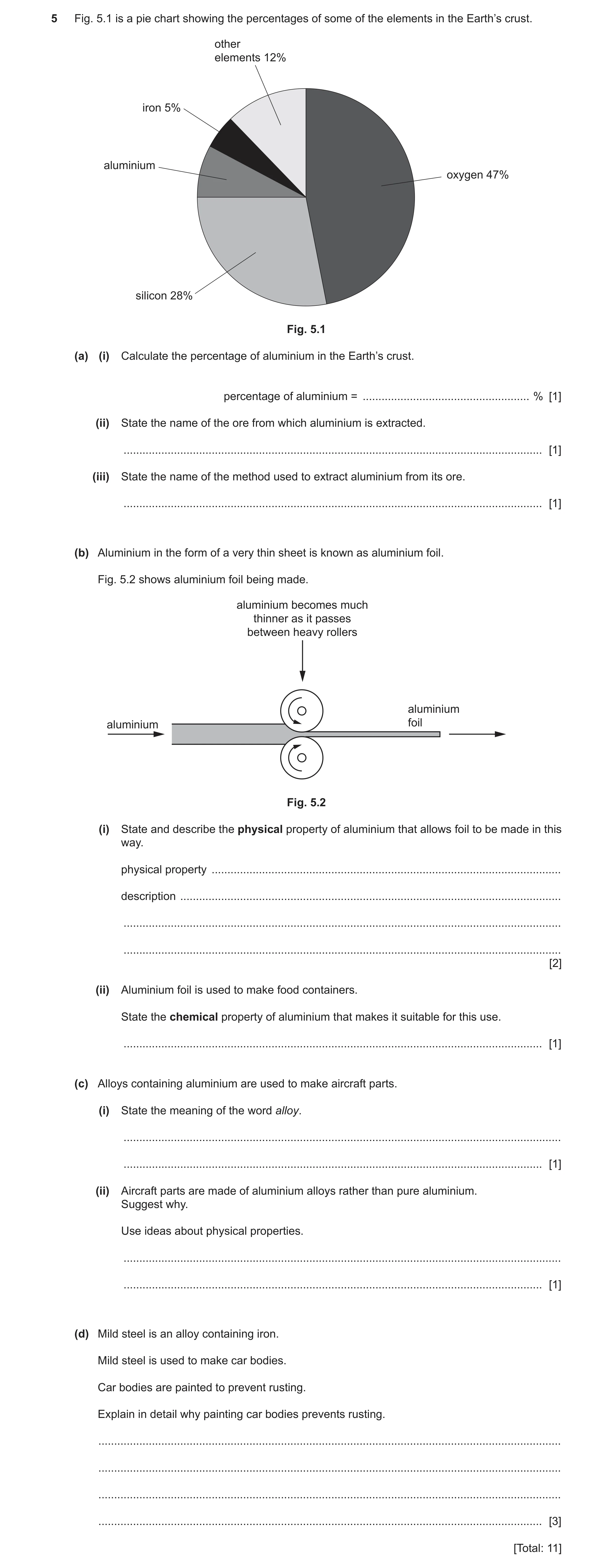 Question 12: Fig. 5.1 is a pie chart showing the percentages of some of the elements in the Earth’s crust. other elements 12% iron 5% aluminium oxygen 4…