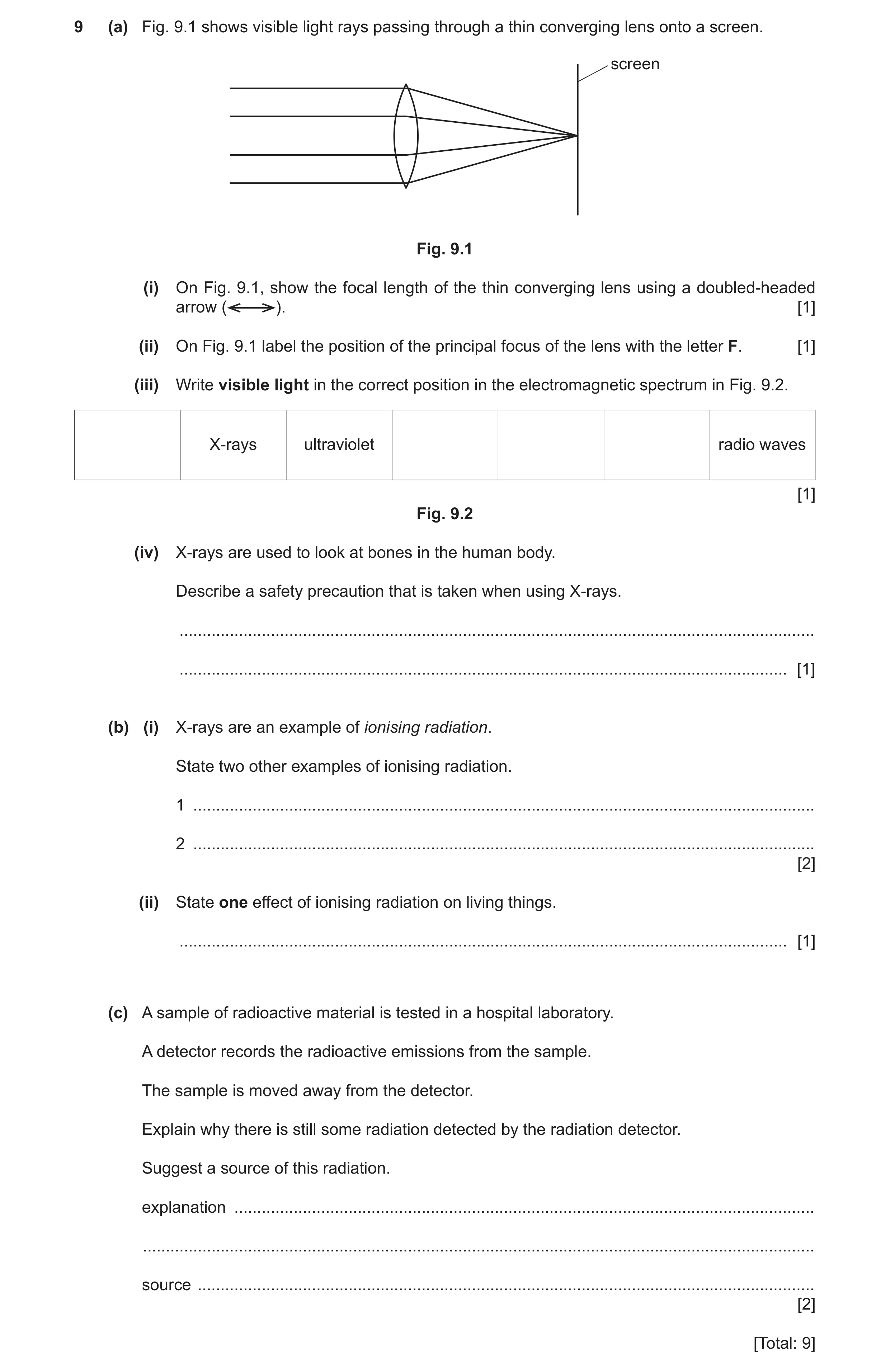 Question 16: (a) Fig. 9.1 shows visible light rays passing through a thin converging lens onto a screen. screen Fig. 9.1 (i) On Fig. 9.1, show the focal…