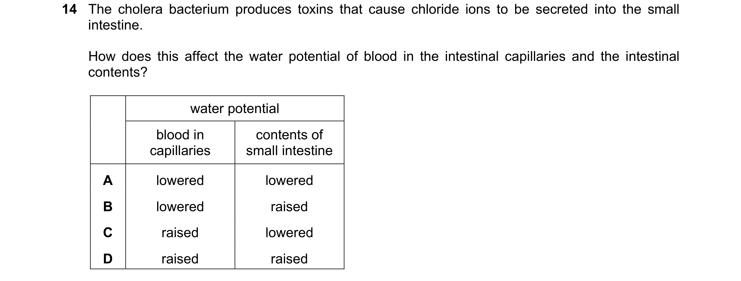 Question 4: The cholera bacterium produces toxins that cause chloride ions to be secreted into the small intestine. How does this affect the water pote…