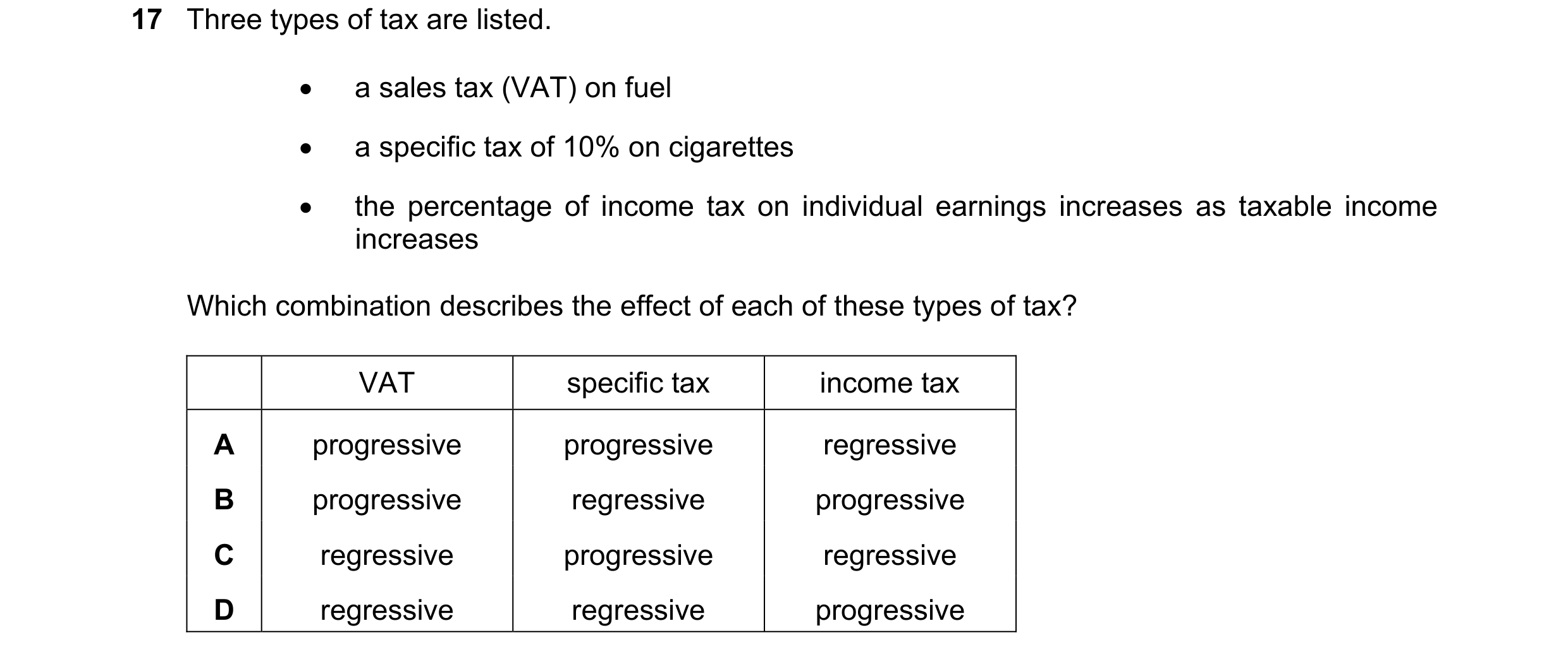 Question 263: Three types of tax are listed.  a sales tax (VAT) on fuel  a specific tax of 10% on cigarettes  the percentage of income tax on individu…