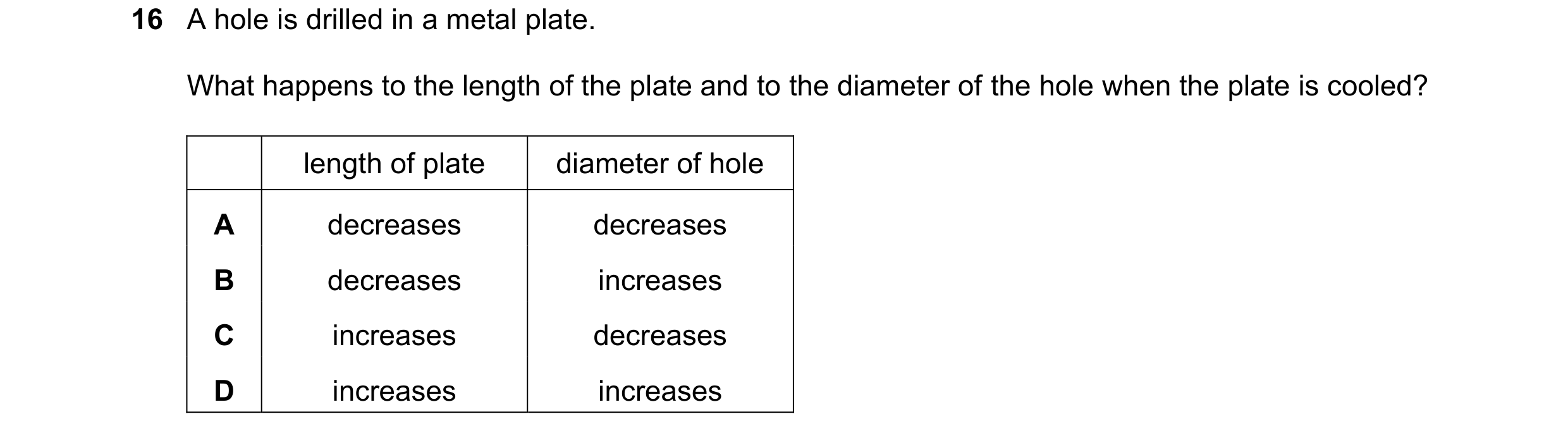 Question 211: A hole is drilled in a metal plate. What happens to the length of the plate and to the diameter of the hole when the plate is cooled? lengt…