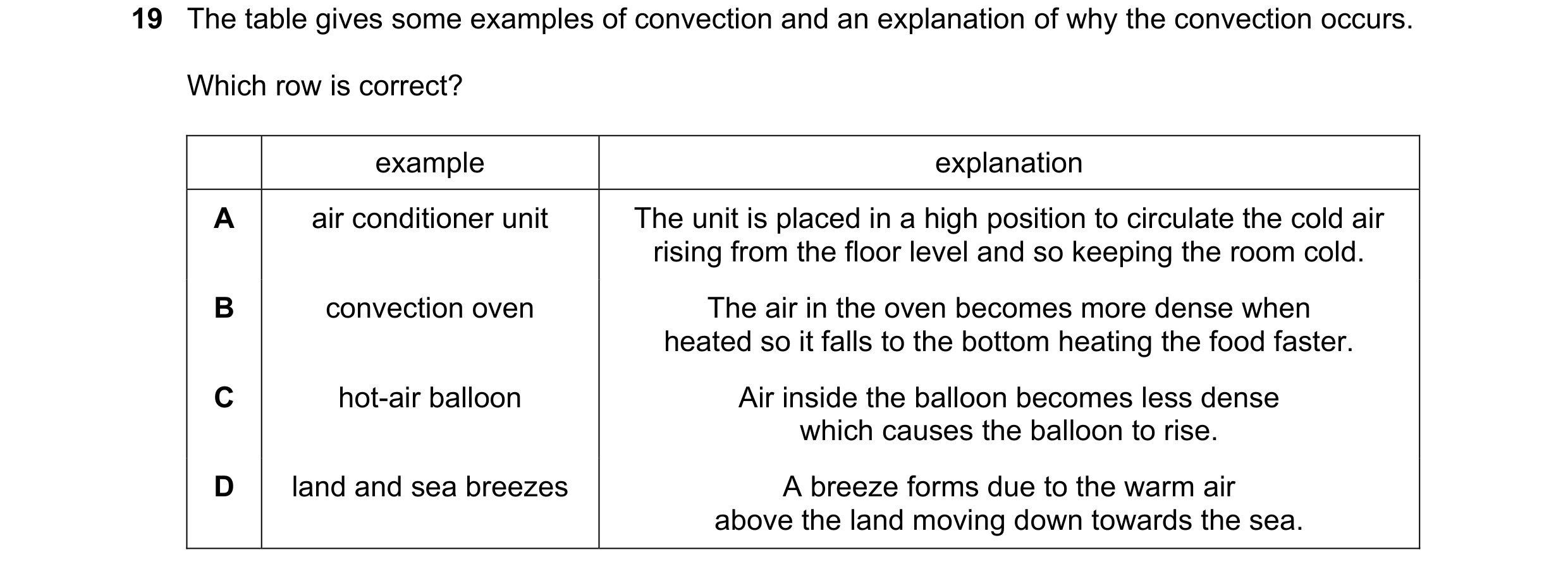 Question 135: The table gives some examples of convection and an explanation of why the convection occurs. Which row is correct? example explanation A ai…