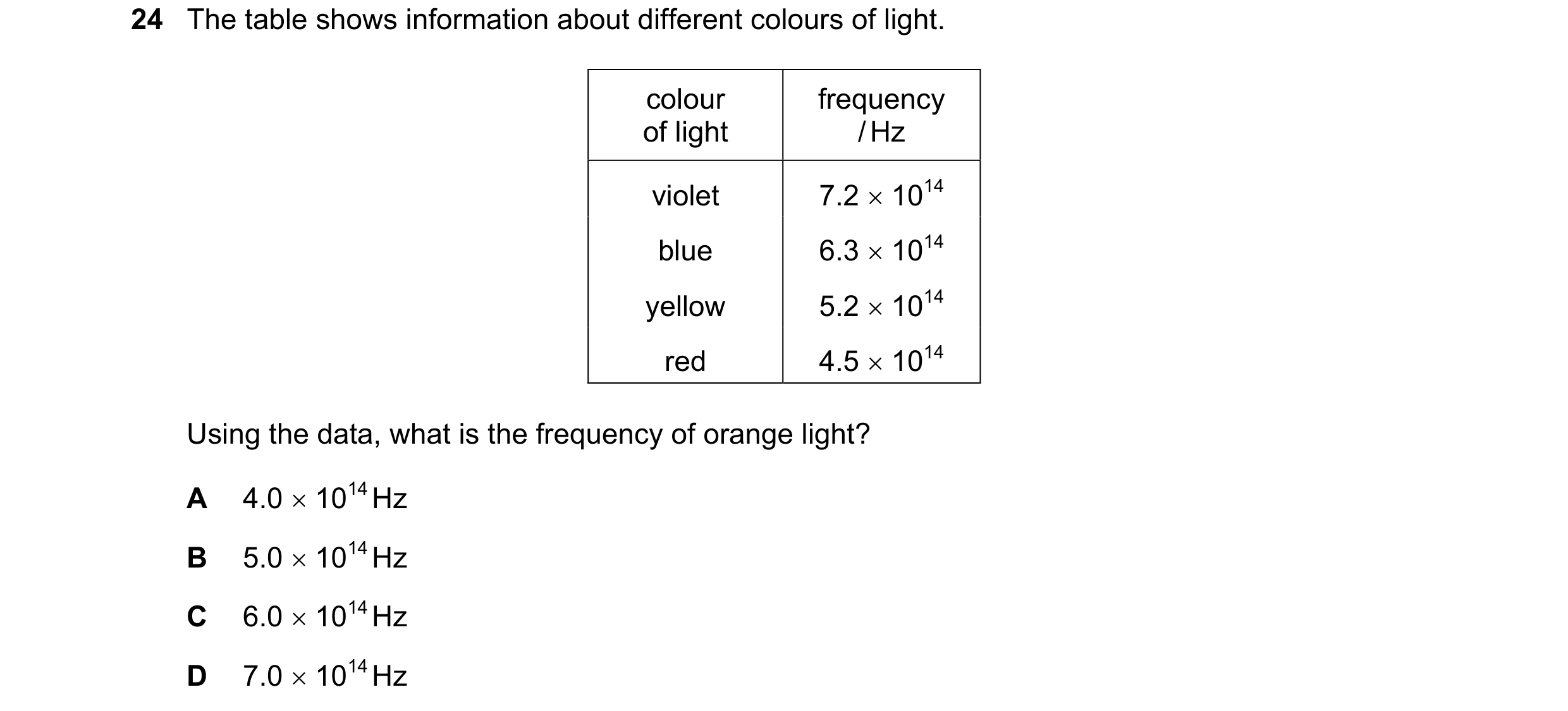 Question 91: The table shows information about different colours of light. colour frequency of light / Hz violet 7.2  1014 blue 6.3  1014 yellow 5.2 …