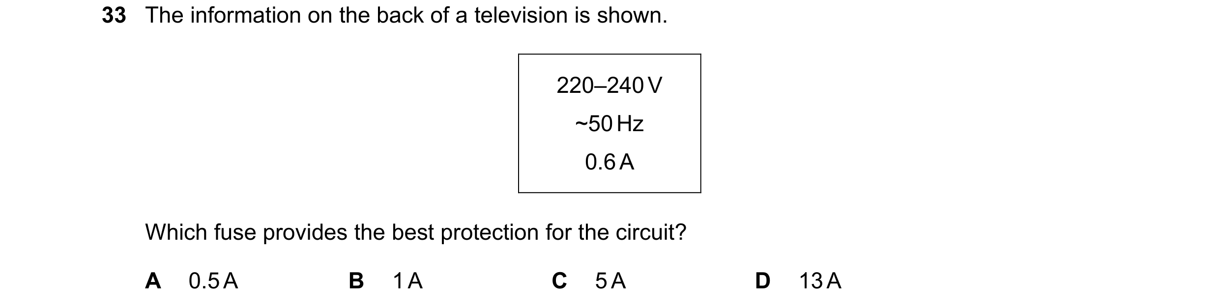 Question 94: The information on the back of a television is shown. 220–240 V ~50 Hz 0.6 A Which fuse provides the best protection for the circuit? A 0.5…