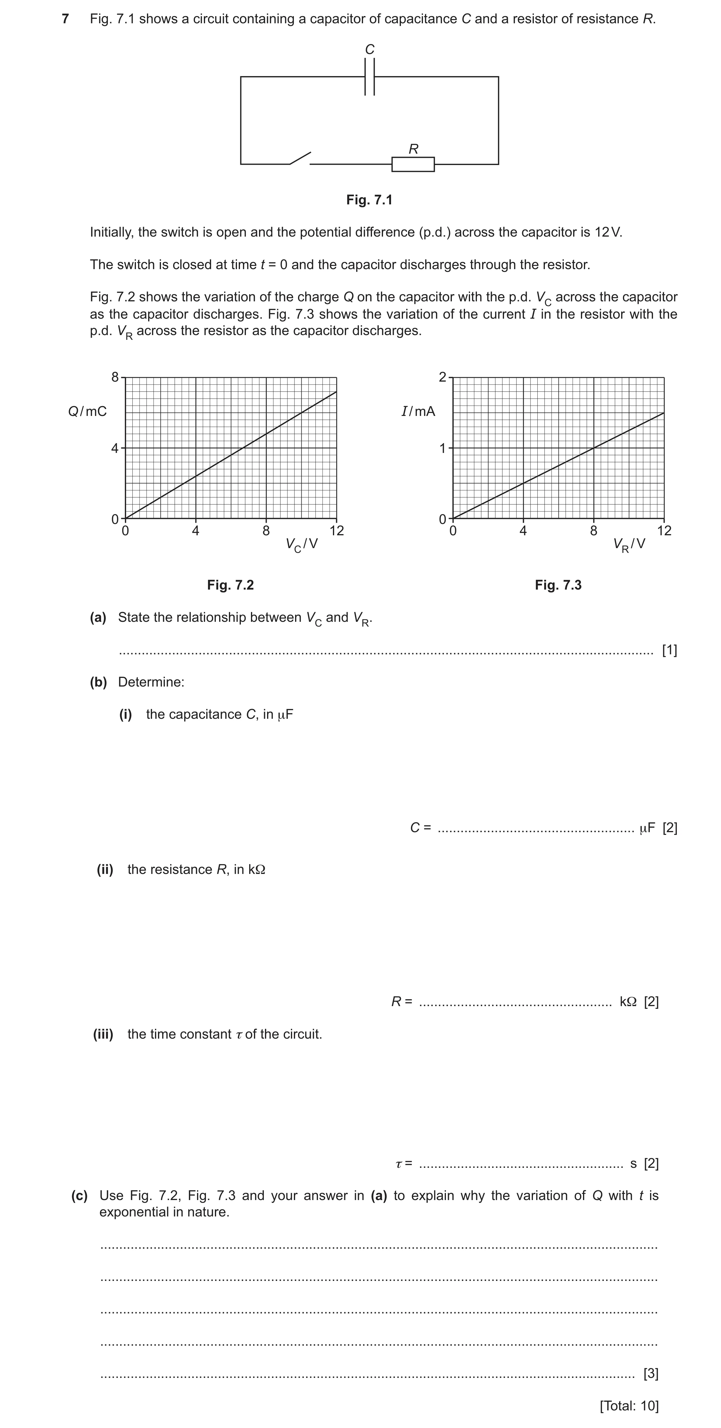 Question 9: Fig. 7.1 shows a circuit containing a capacitor of capacitance C and a resistor of resistance R. C R Fig. 7.1 Initially, the switch is open…